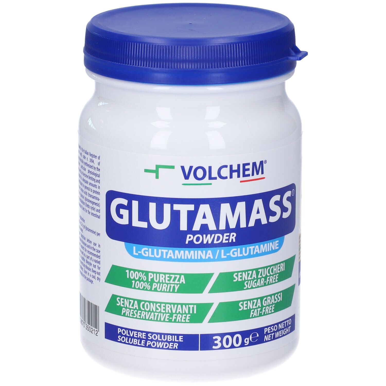 Barattolo di polvere cilindrico bianco con coperchio blu. Scritta: VOLCHEM, GLUTAMASS, L-Glutammina. 300g. Senza zucchero, grassi e conservanti.