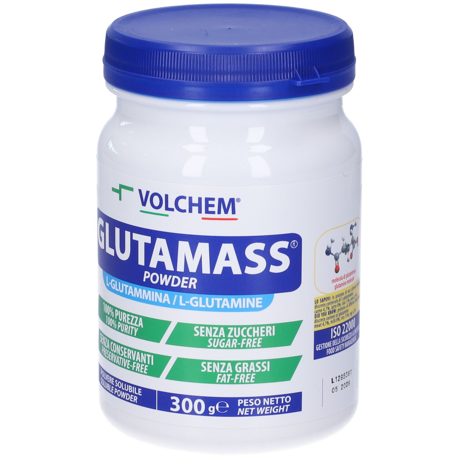 Barattolo di polvere cilindrico bianco con coperchio blu. Scritta: VOLCHEM, GLUTAMASS, L-Glutammina. 300g. Certificazione ISO 22000.