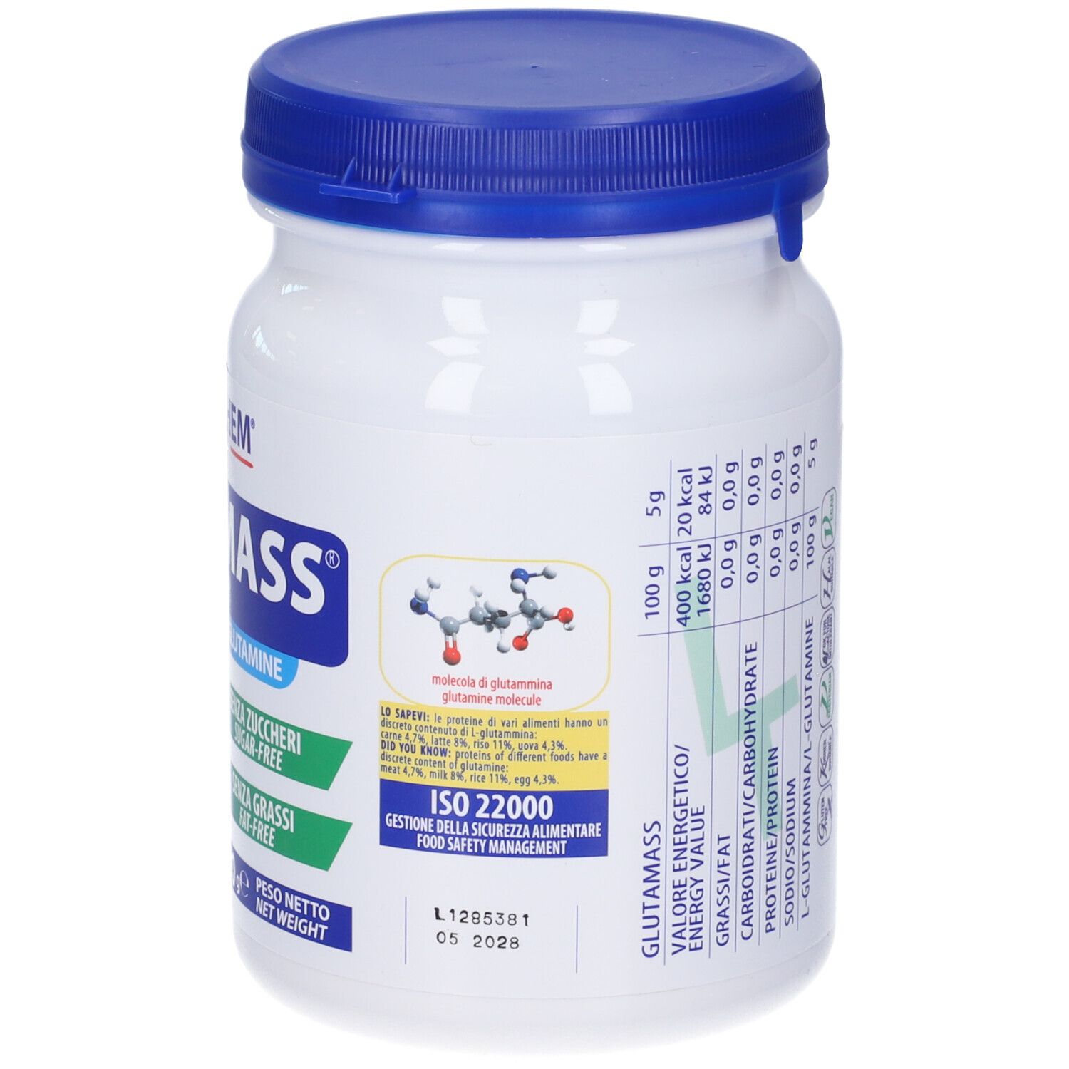 Retro del barattolo di polvere bianco con coperchio blu. Struttura molecolare, tabella nutrizionale, certificazione ISO 22000. Data di scadenza.