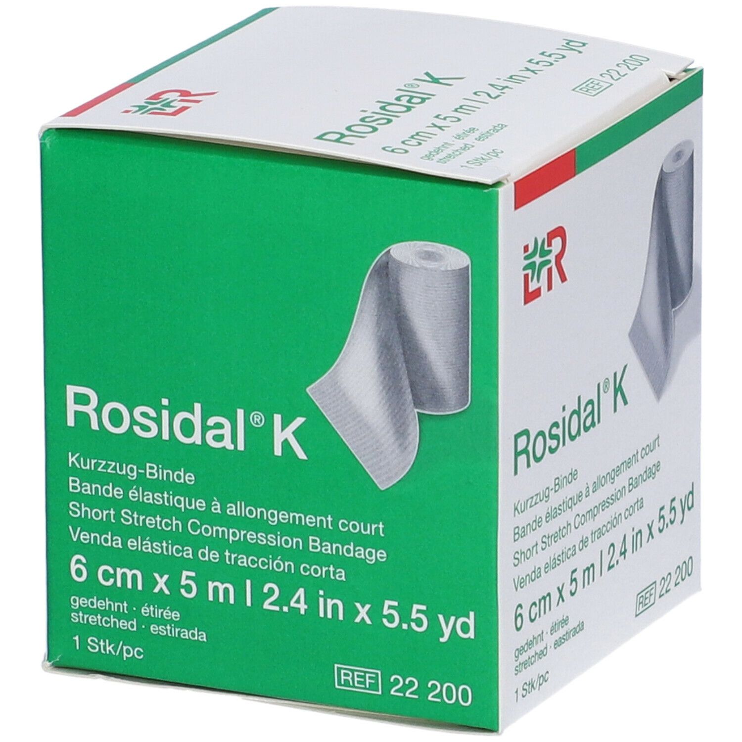 Confezione di benda compressiva Rosidal® K. 6 cm x 5 m. Benda e rotolo visibili. Scatola verde e bianca.