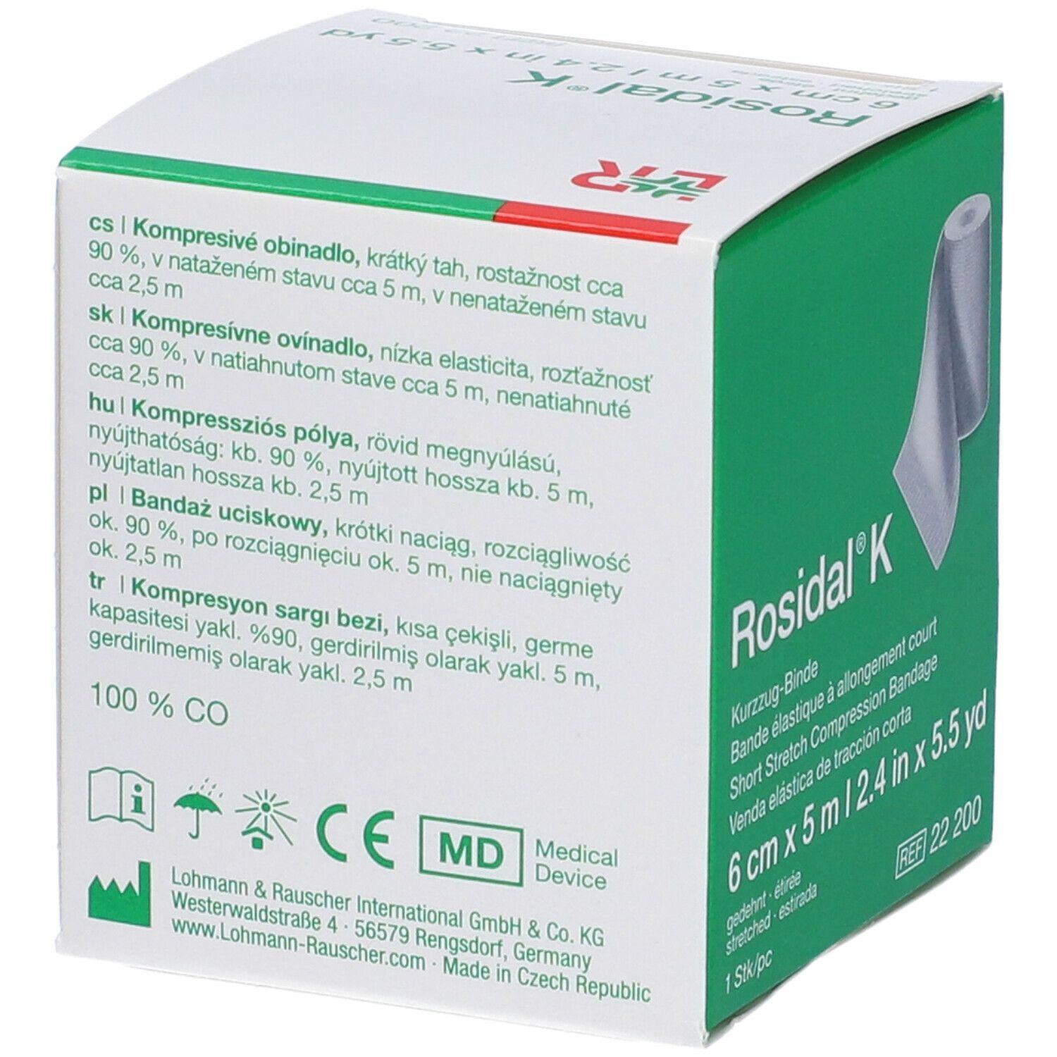 Retro della confezione Rosidal® K. Testo multilingue. Marchio CE e simbolo MD.
