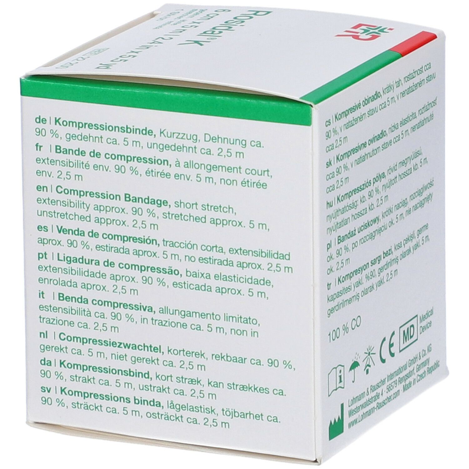 Vista laterale della confezione Rosidal® K. Testo multilingue. Scatola verde e bianca.