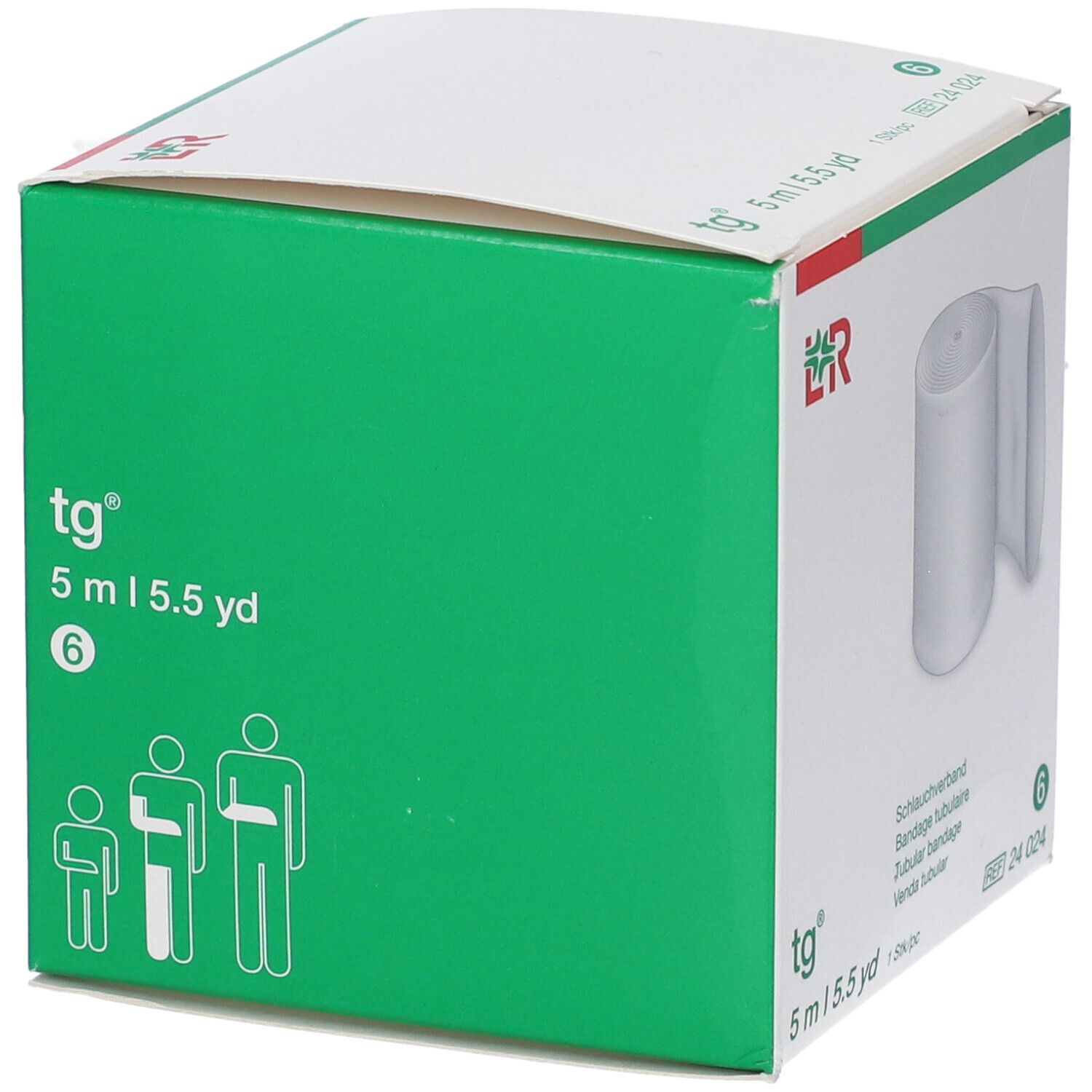 Scatola verde e bianca con benda tubulare bianca. Pittogrammi di persone sulla scatola.