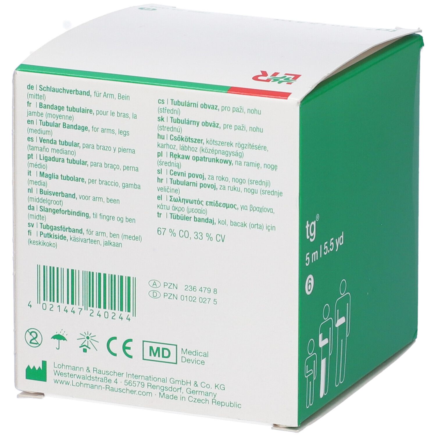 Retro della scatola con informazioni sul prodotto in più lingue. Marchio CE e simbolo MD.