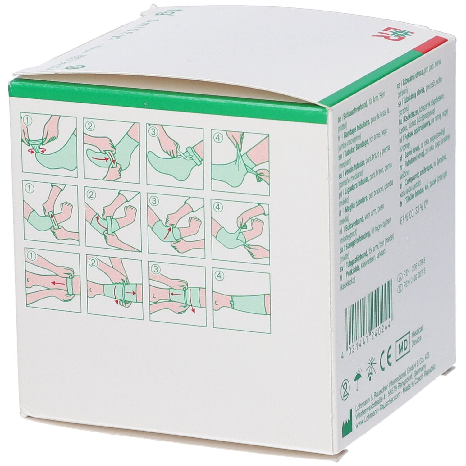 Scatola con illustrazioni sull'applicazione della benda tubulare. Verde e bianco.
