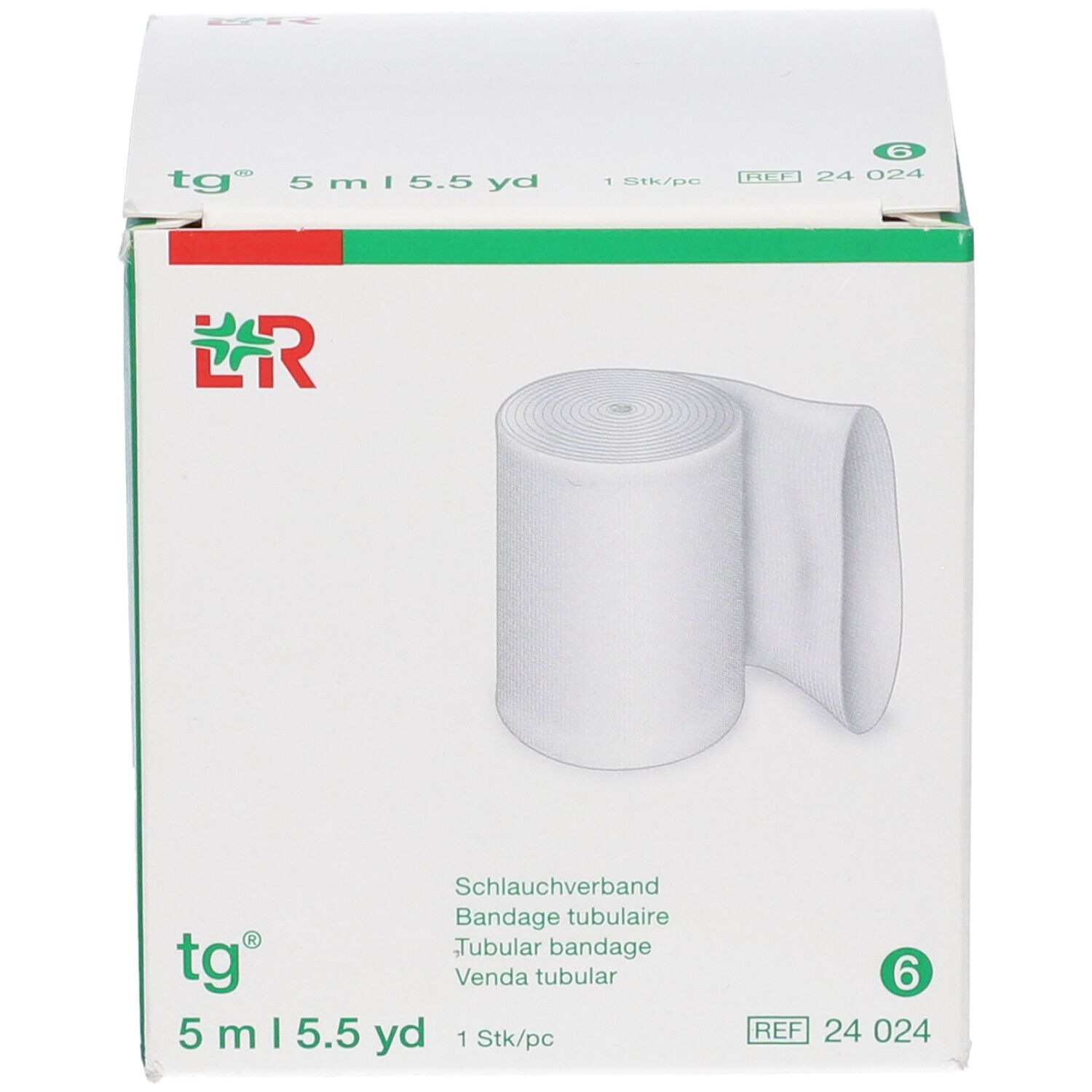 Rotolo di benda tubulare bianca in scatola. Logo e informazioni sul prodotto sulla scatola.