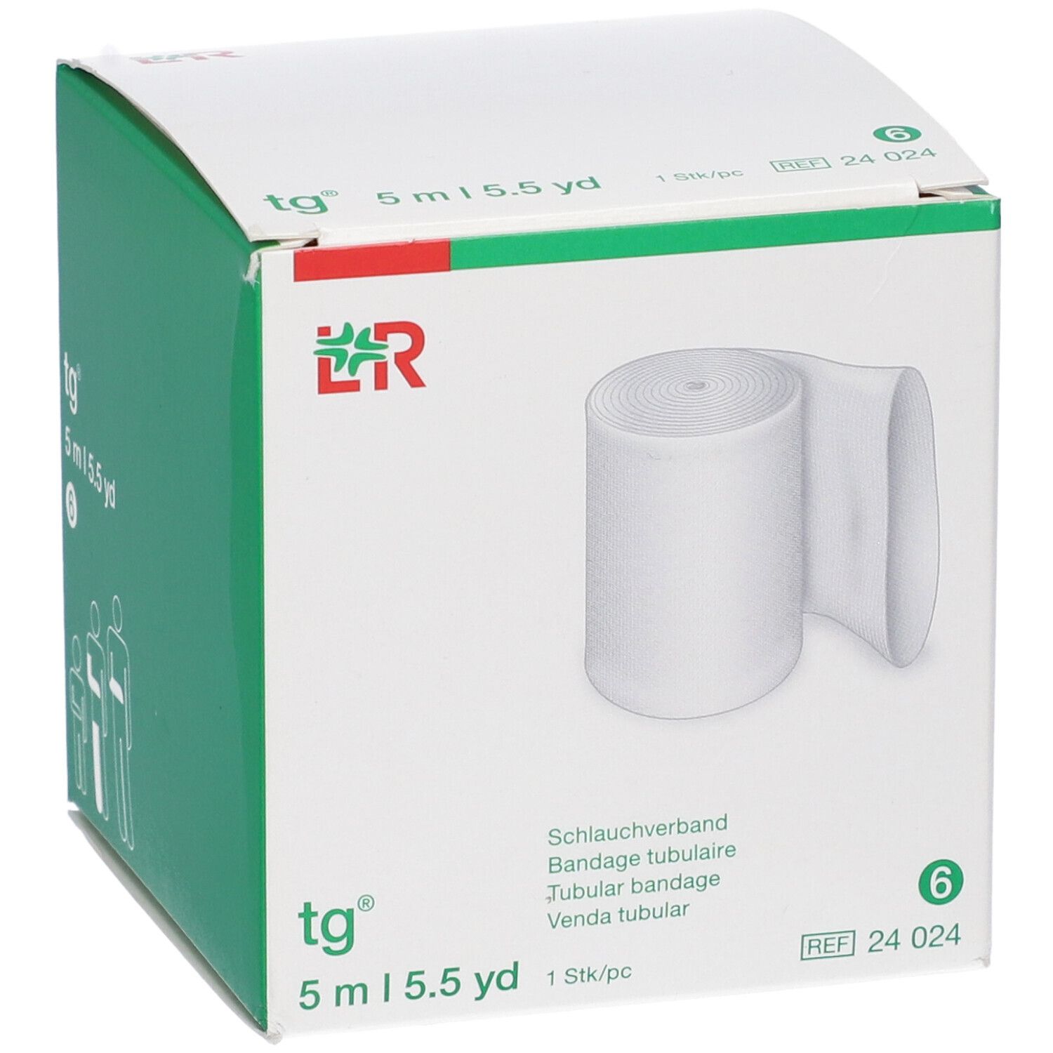 Scatola con benda tubulare bianca. Logo e informazioni sul prodotto sulla scatola.