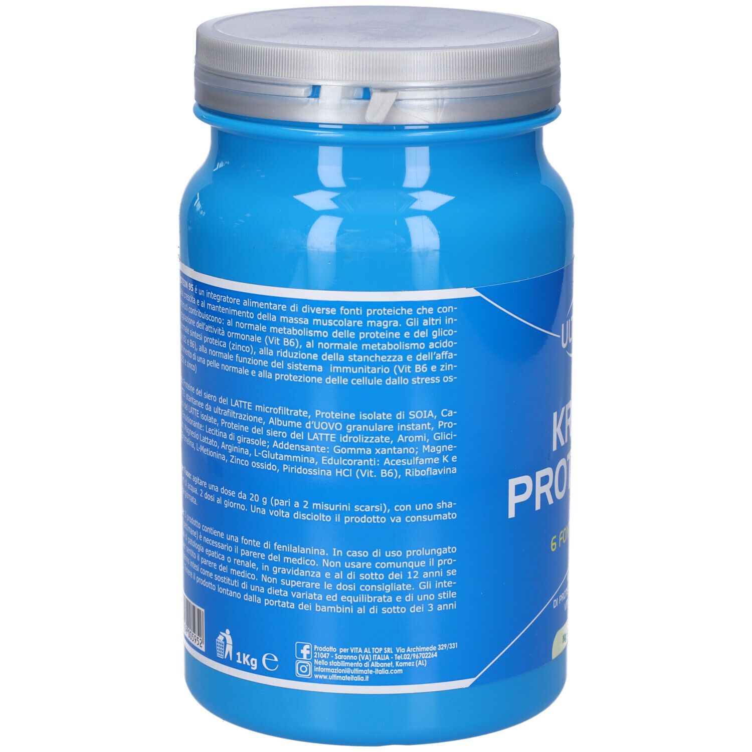 Retro del barattolo blu. Testo con ingredienti e informazioni nutrizionali. Contiene 1 kg. Con informazioni per l'uso.