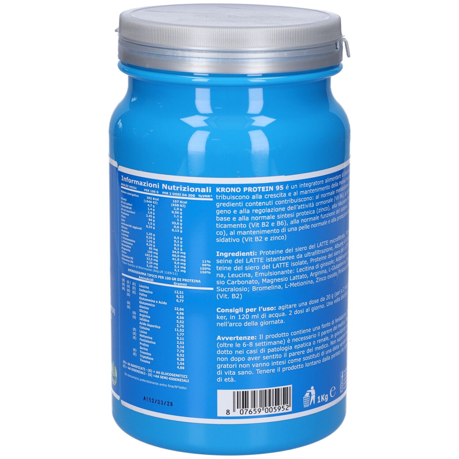 Retro del barattolo blu. Testo con informazioni nutrizionali e ingredienti. Contiene 1 kg. Con informazioni per l'uso.