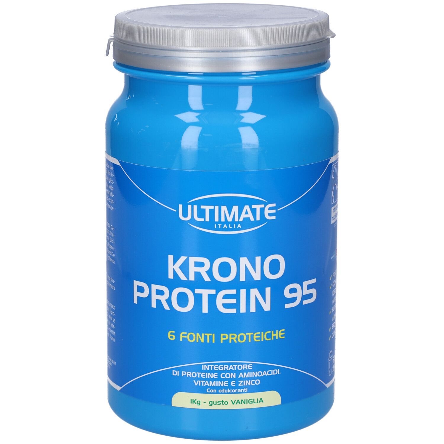 Barattolo blu con scritta "ULTIMATE" e "KRONO PROTEIN 95". Contiene 6 fonti proteiche. Con vitamine e zinco. 50x20g.
