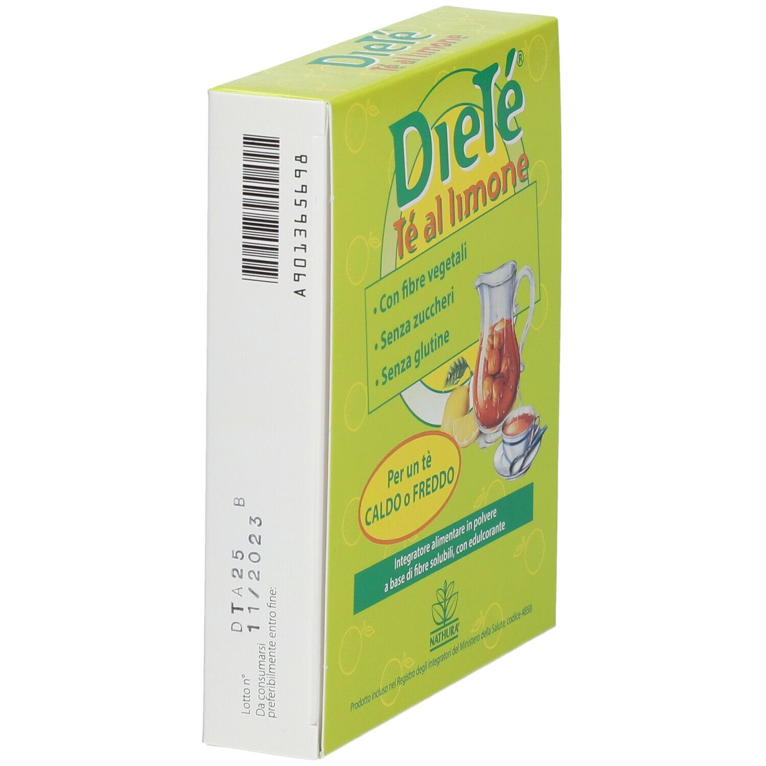 Scatola verde 'Dieté Tè al limone'. Vista laterale con codice a barre e data di scadenza. Testo: 'Con fibre vegetali, senza zuccheri, senza glutine'.
