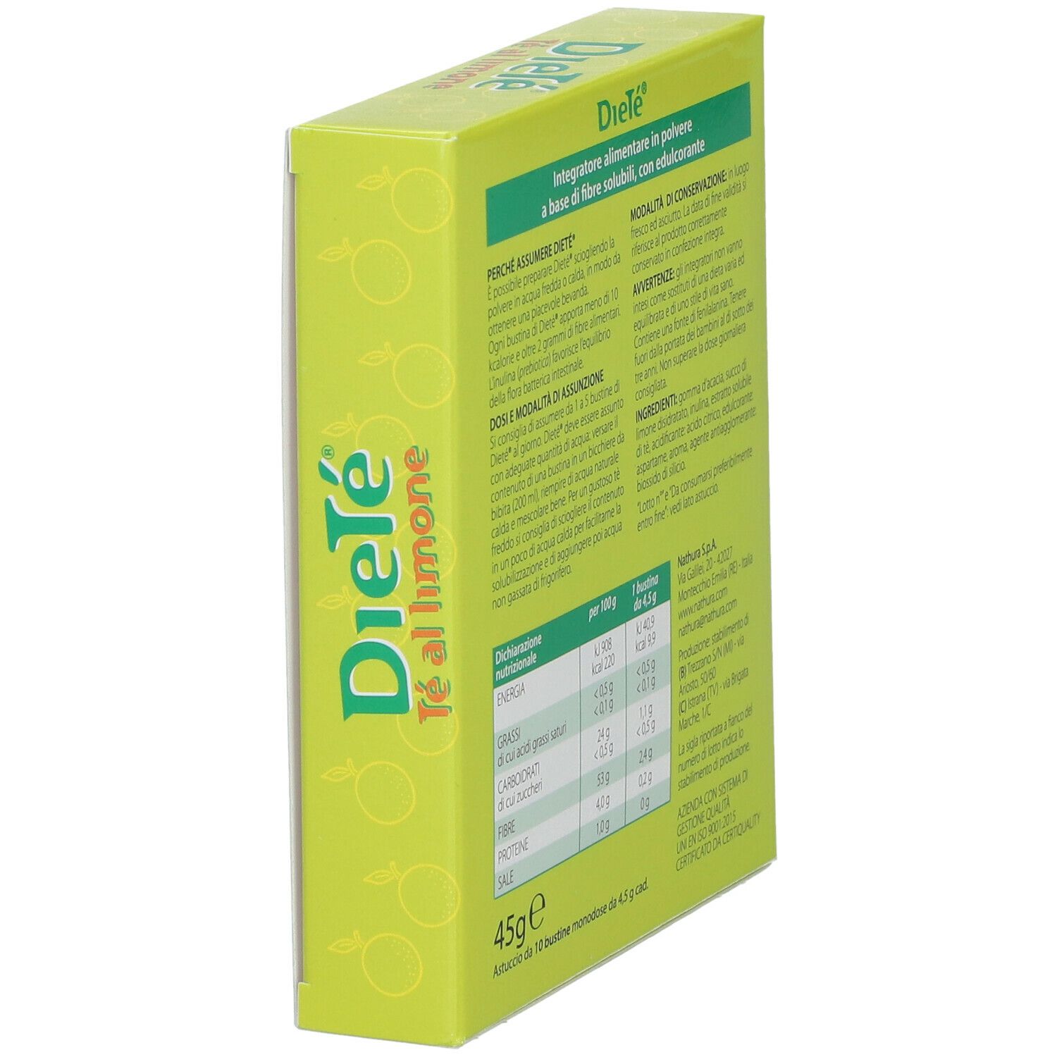 Scatola verde 'Dieté Tè al limone'. Retro con informazioni nutrizionali e testo. Peso: 45g.