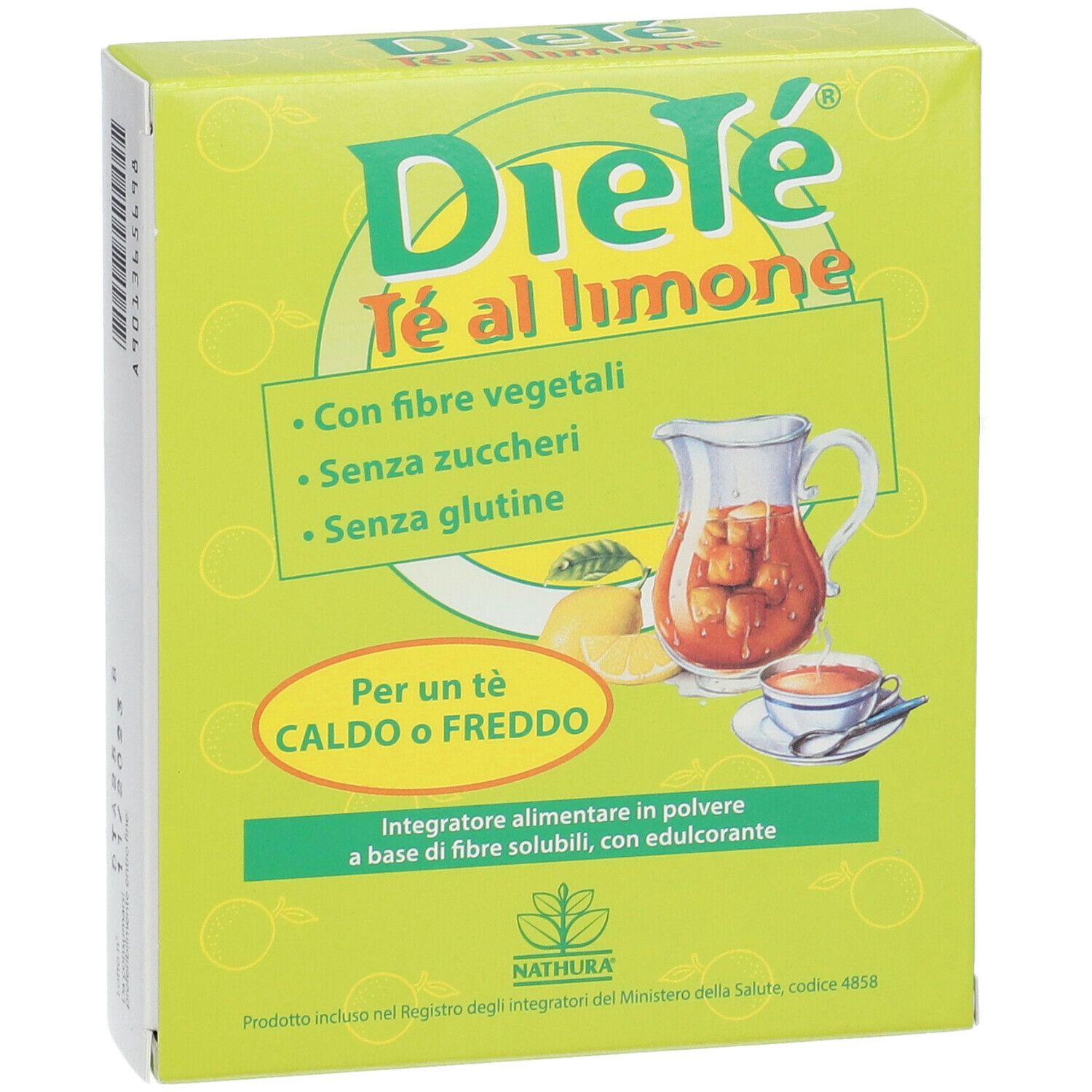 Scatola verde 'Dieté Tè al limone'. Immagine di tè, limone e zucchero. Testo: 'Con fibre vegetali, senza zuccheri, senza glutine'.