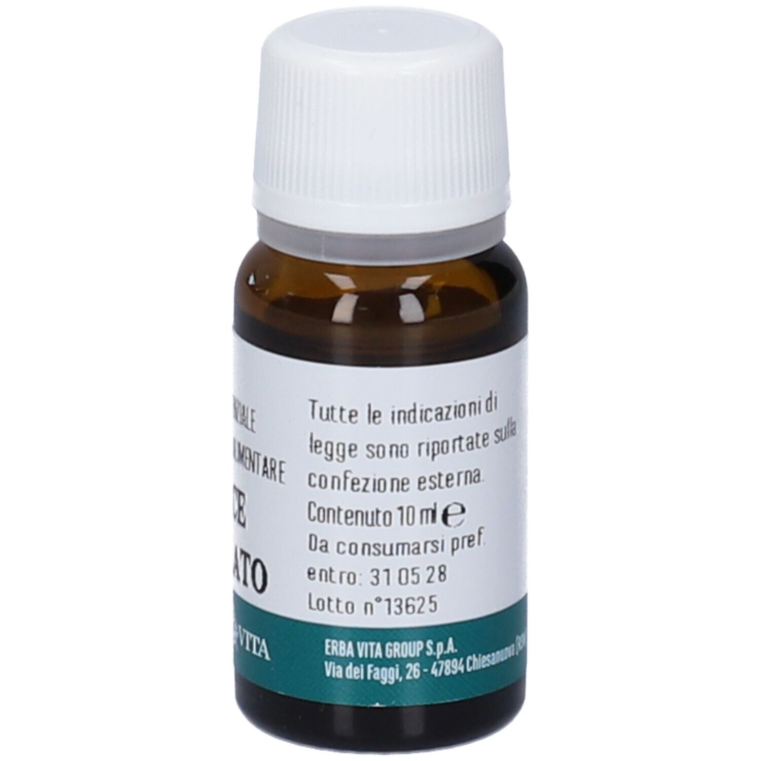 Flacone di vetro marrone con tappo bianco. Etichetta con testo: Contenuto 10 ml, da consumarsi pref. entro 31 05 28. Marchio: Erba Vita.