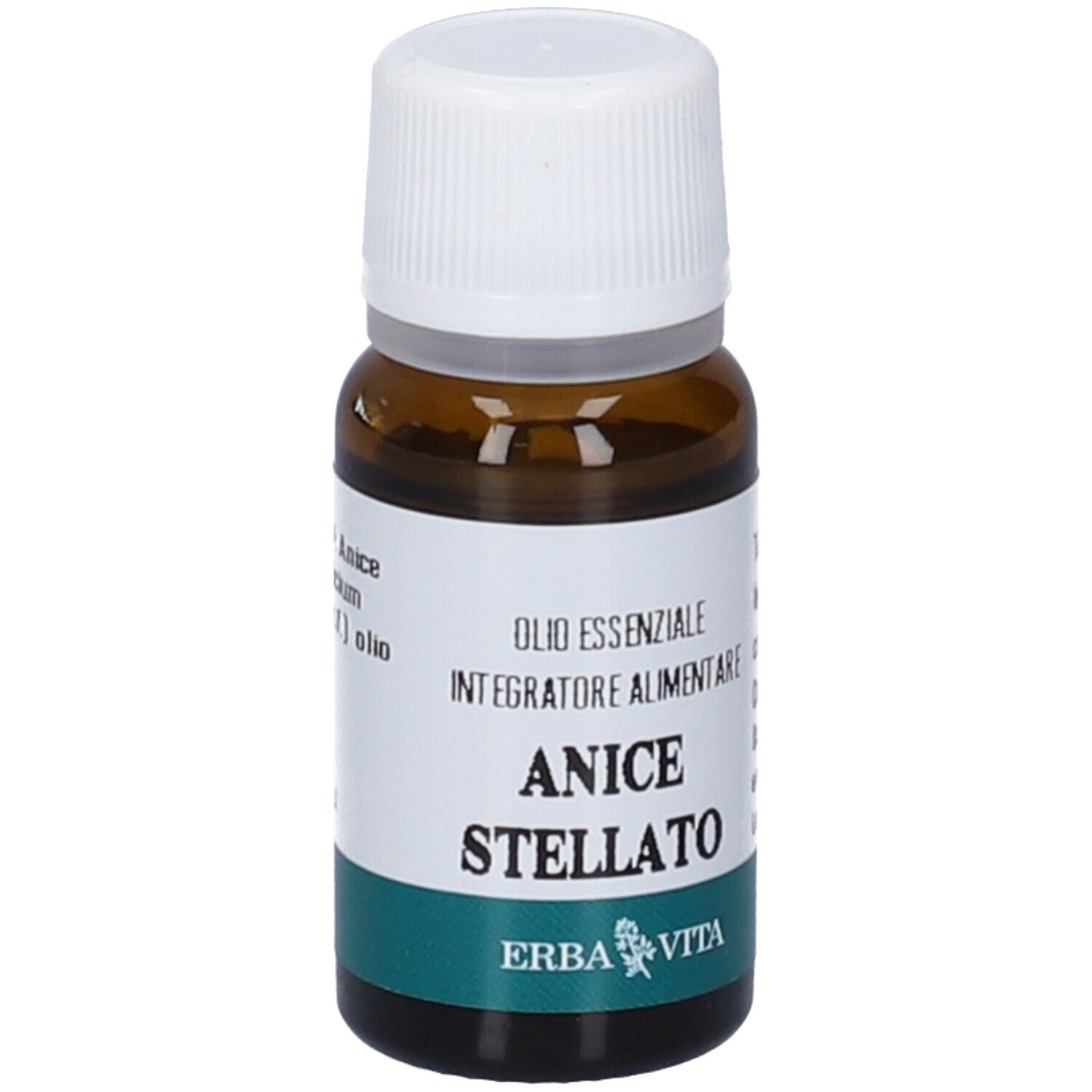 Flacone di vetro marrone con tappo bianco. Etichetta con testo: Anice Stellato, Olio Essenziale, Integratore Alimentare. Marchio: Erba Vita.