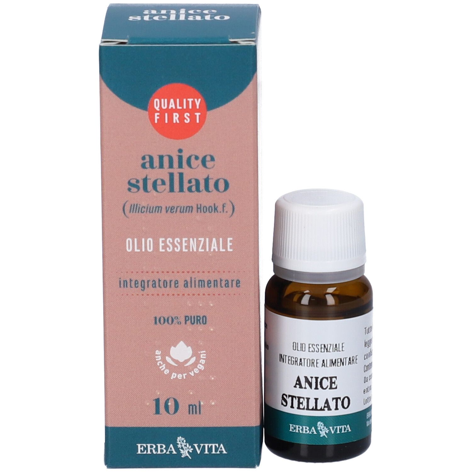 Confezione e flacone. Scatola con testo: Anice Stellato, Olio Essenziale, Integratore Alimentare, 10 ml. Marchio: Erba Vita.