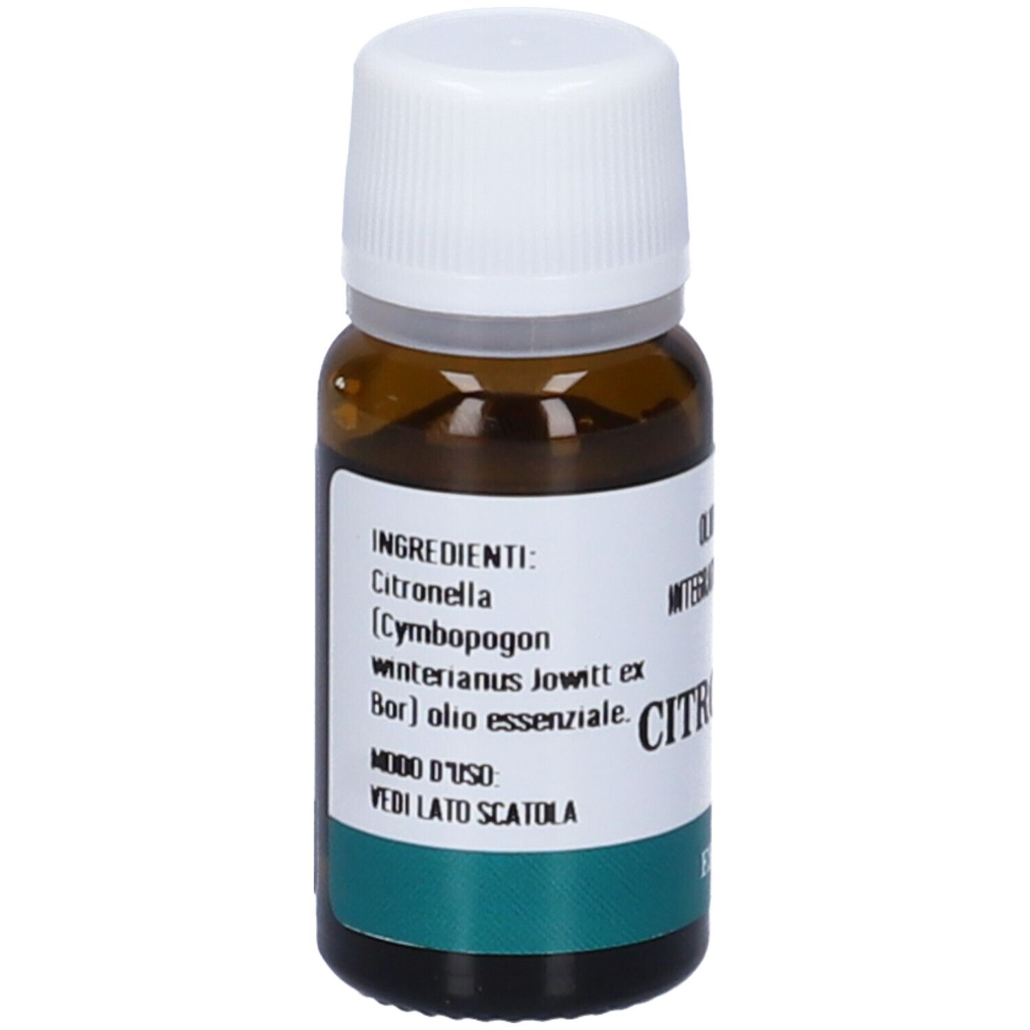 Flacone di vetro marrone con tappo bianco. Etichetta con ingredienti: Citronella, Cymbopogon winterianus, olio essenziale.