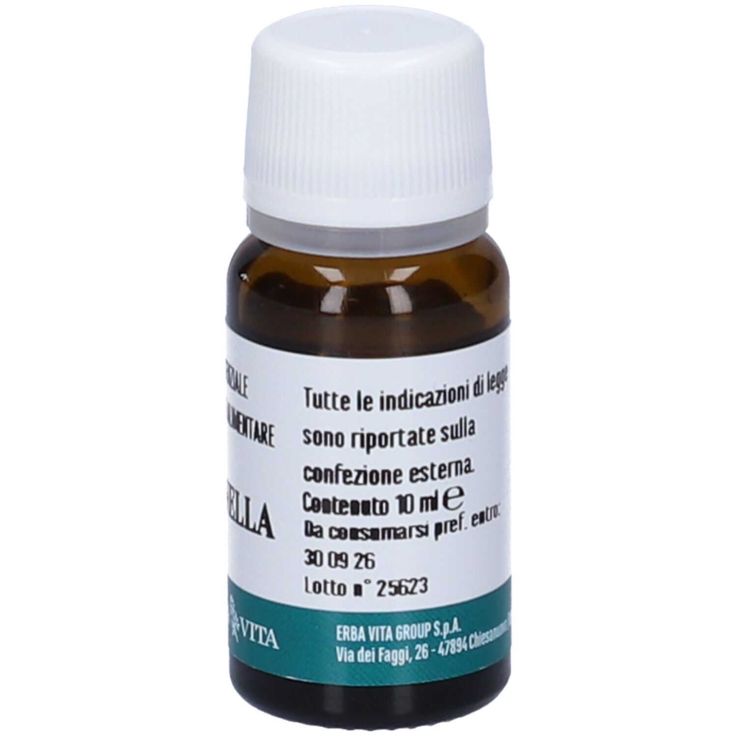 Flacone di vetro marrone con tappo bianco. Etichetta con testo: Citronella, 10 ml, scadenza.