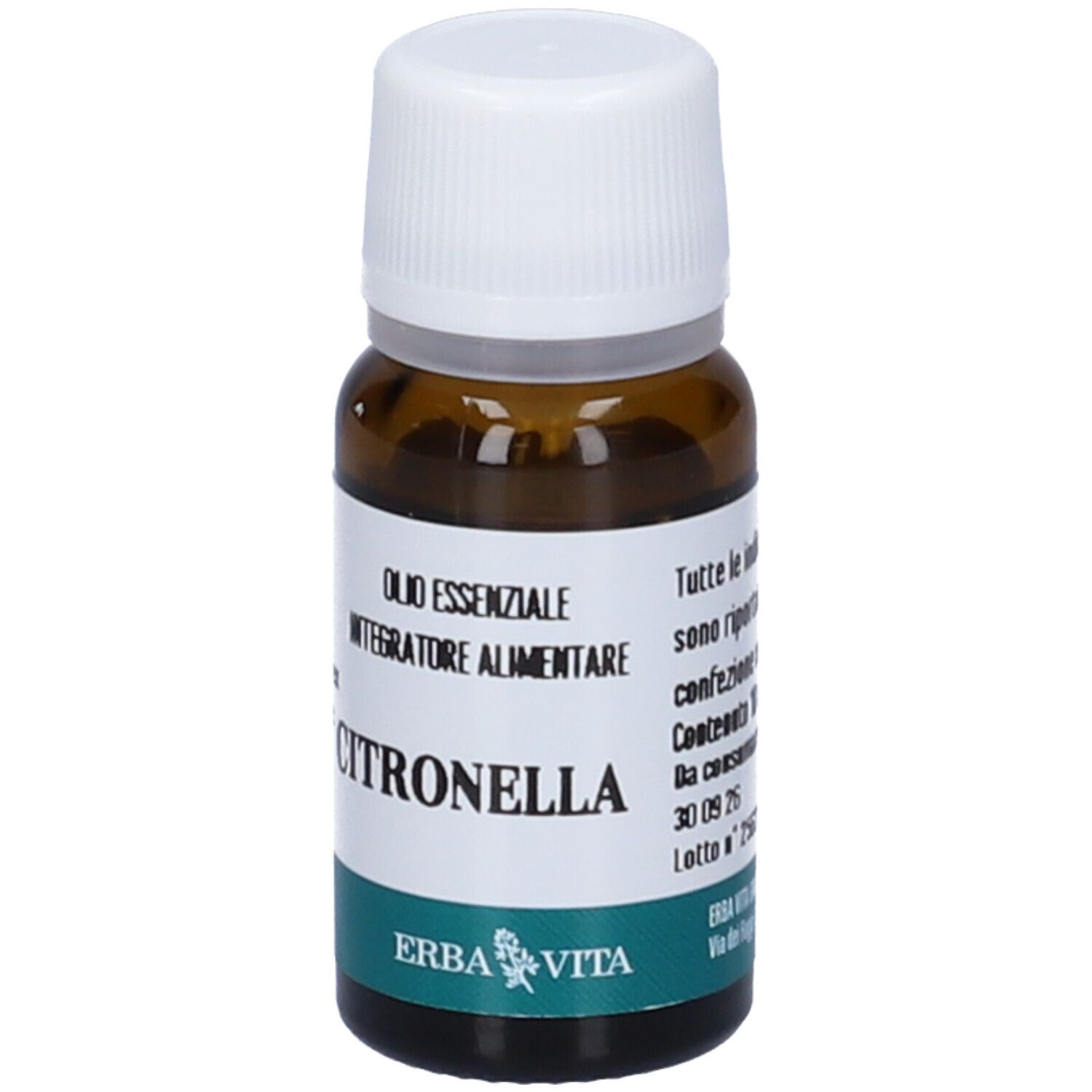 Flacone di vetro marrone con tappo bianco. Etichetta con testo: Citronella, Olio Essenziale, Erba Vita.