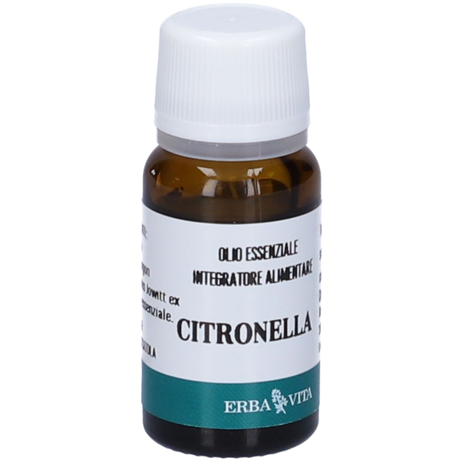 Flacone di vetro marrone con tappo bianco. Etichetta con testo: Citronella, Olio Essenziale, Erba Vita.