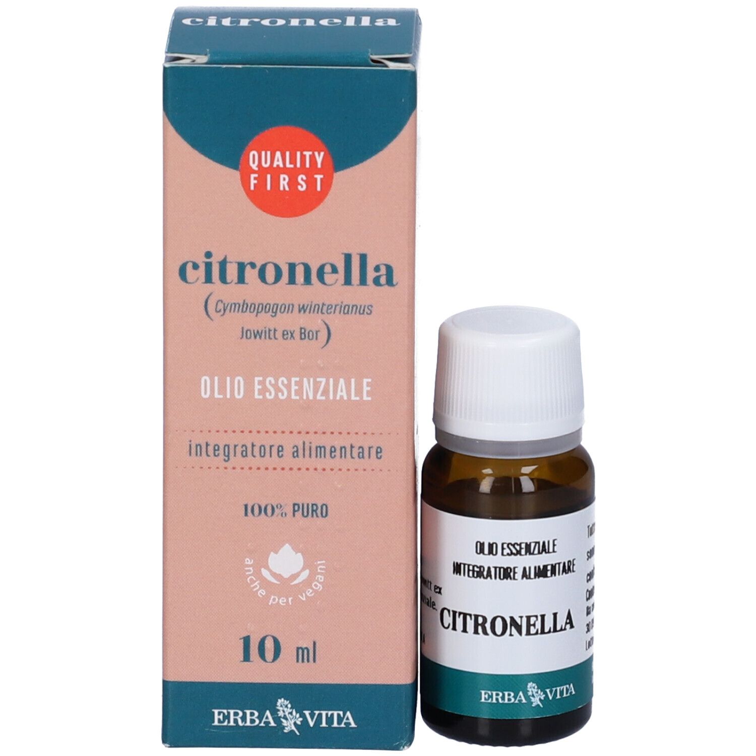Confezione e flacone. Scatola con testo: Citronella, Olio Essenziale, 10 ml, Erba Vita.