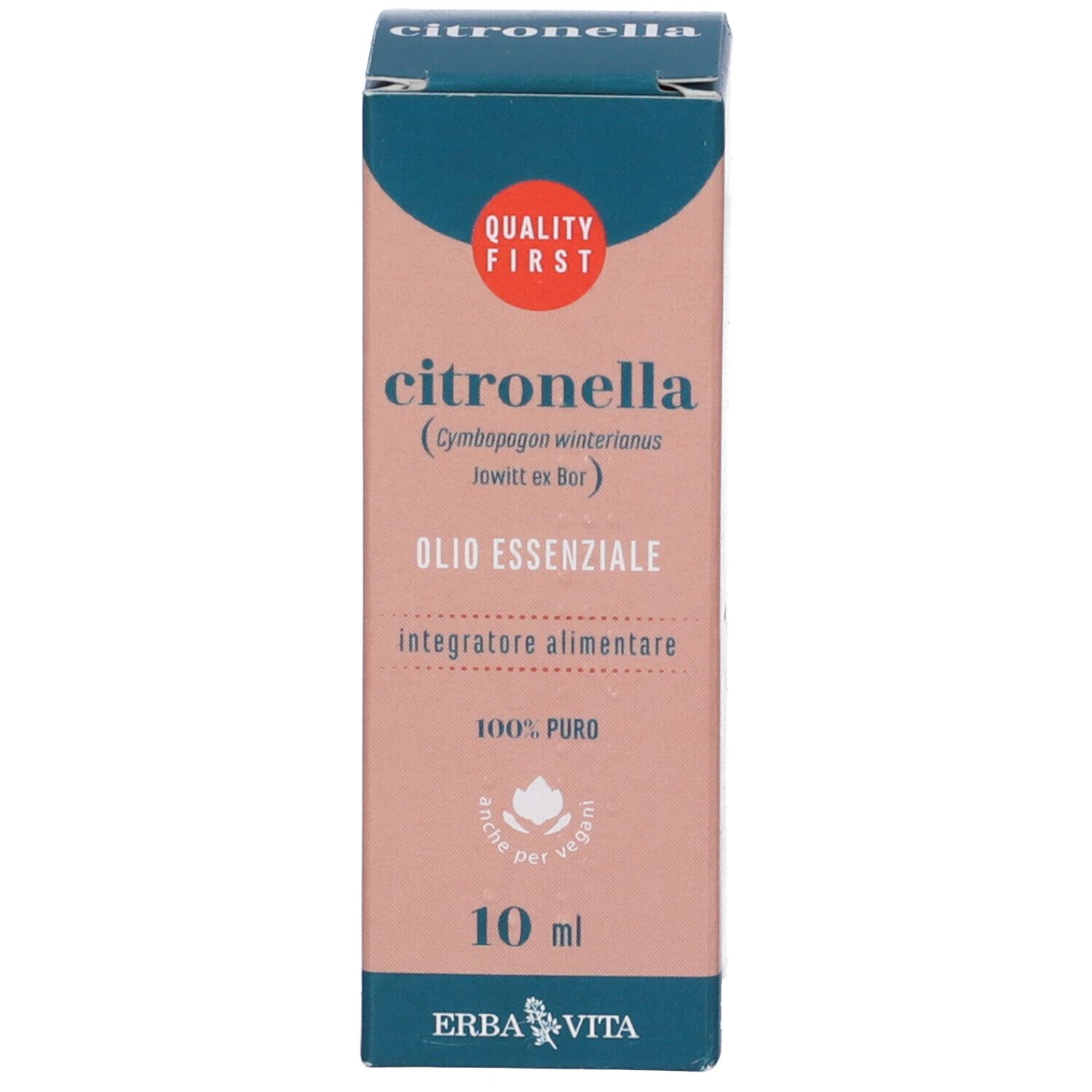 Confezione del prodotto. Scatola con testo: Citronella, Olio Essenziale, 10 ml, Erba Vita.