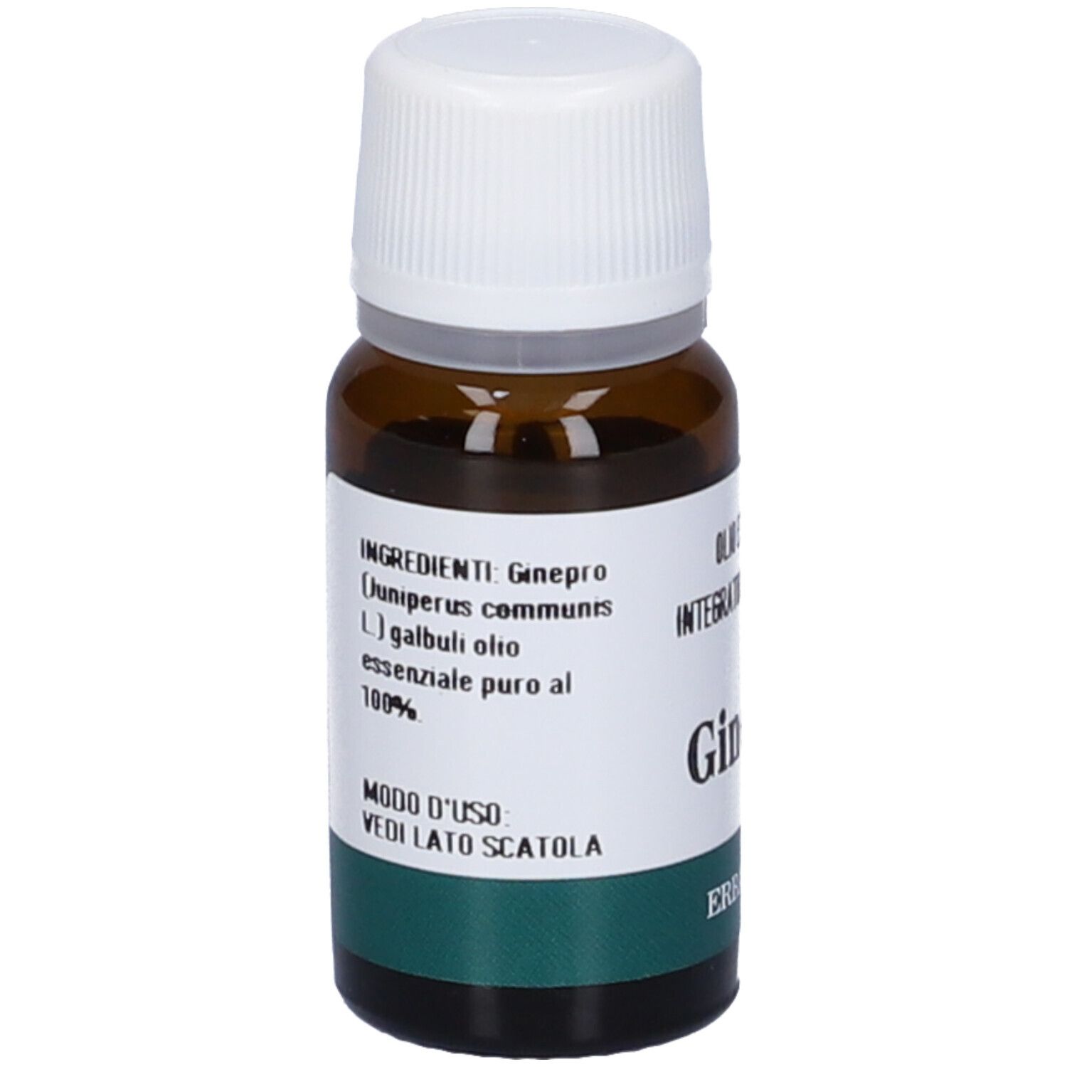 Flacone in vetro ambrato con tappo a vite bianco, contenente olio essenziale. Etichetta con scritte in italiano.
