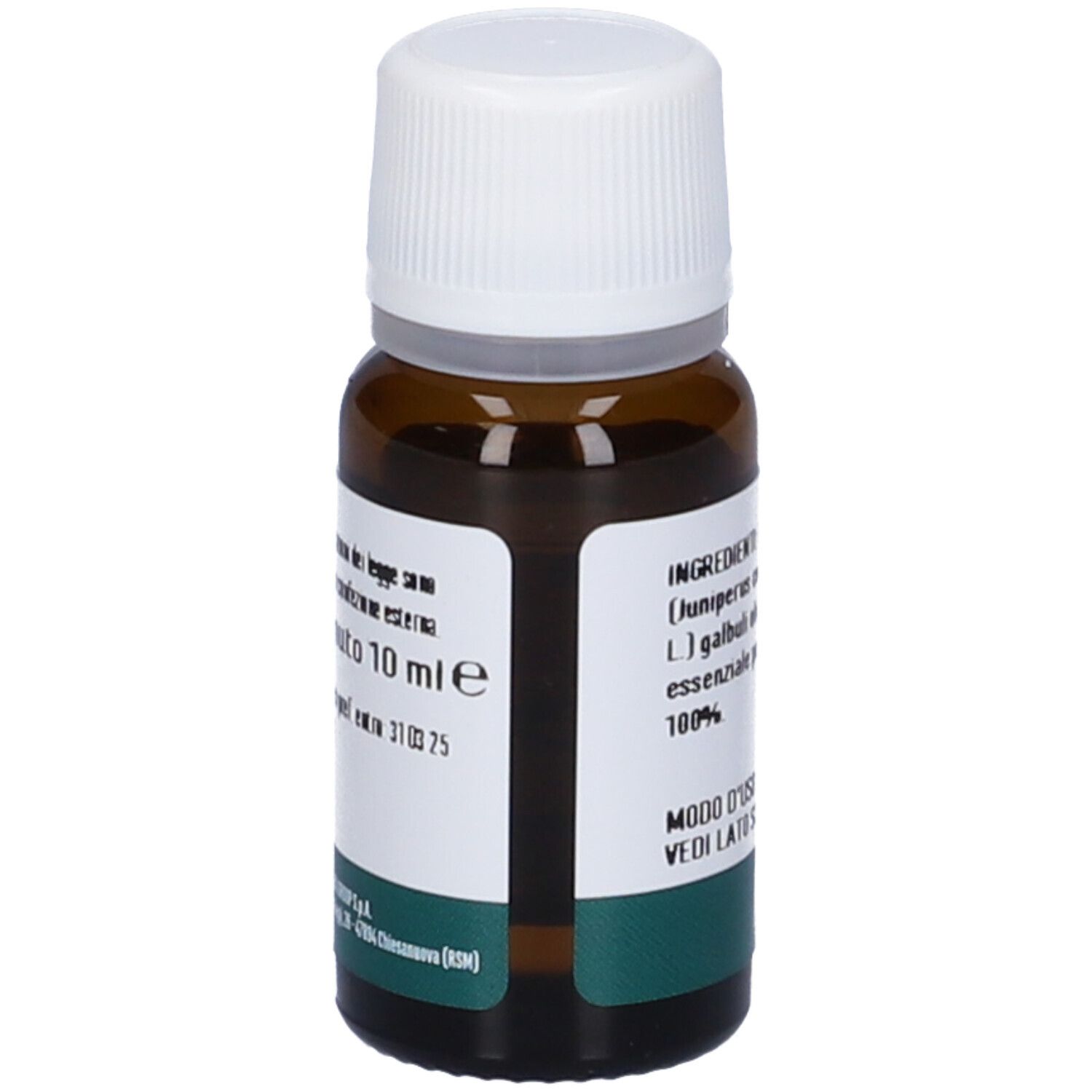 Flacone in vetro marrone con tappo a vite bianco, 10 ml. Etichetta con ingredienti e data di scadenza.
