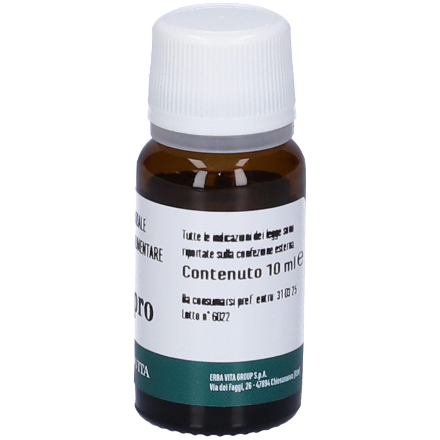 Flacone in vetro ambrato con tappo a vite bianco, contenuto 10 ml.