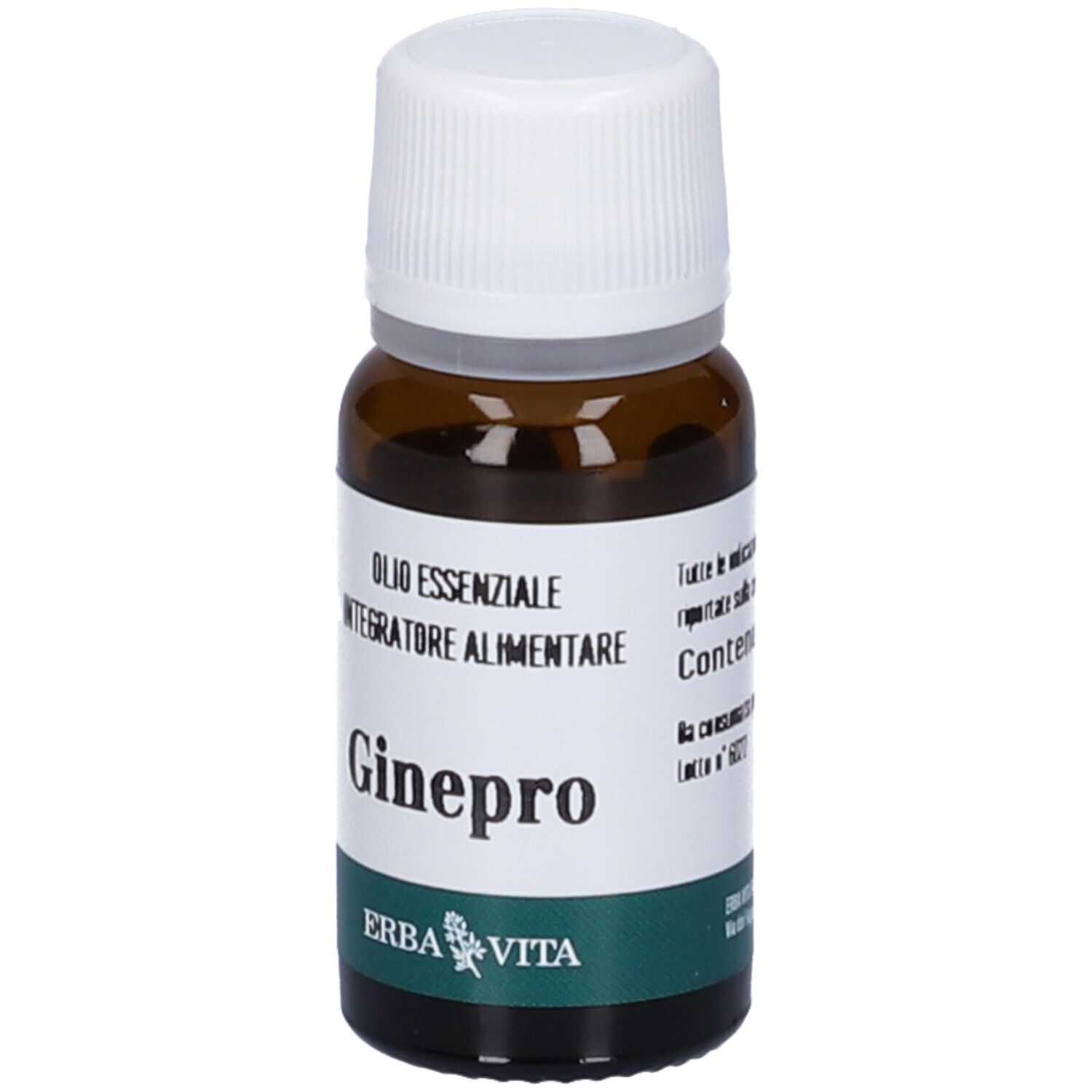 Flacone in vetro ambrato con tappo a vite bianco. Etichetta con "Ginepro", "Olio Essenziale", "Integratore Alimentare" e "Erba Vita".