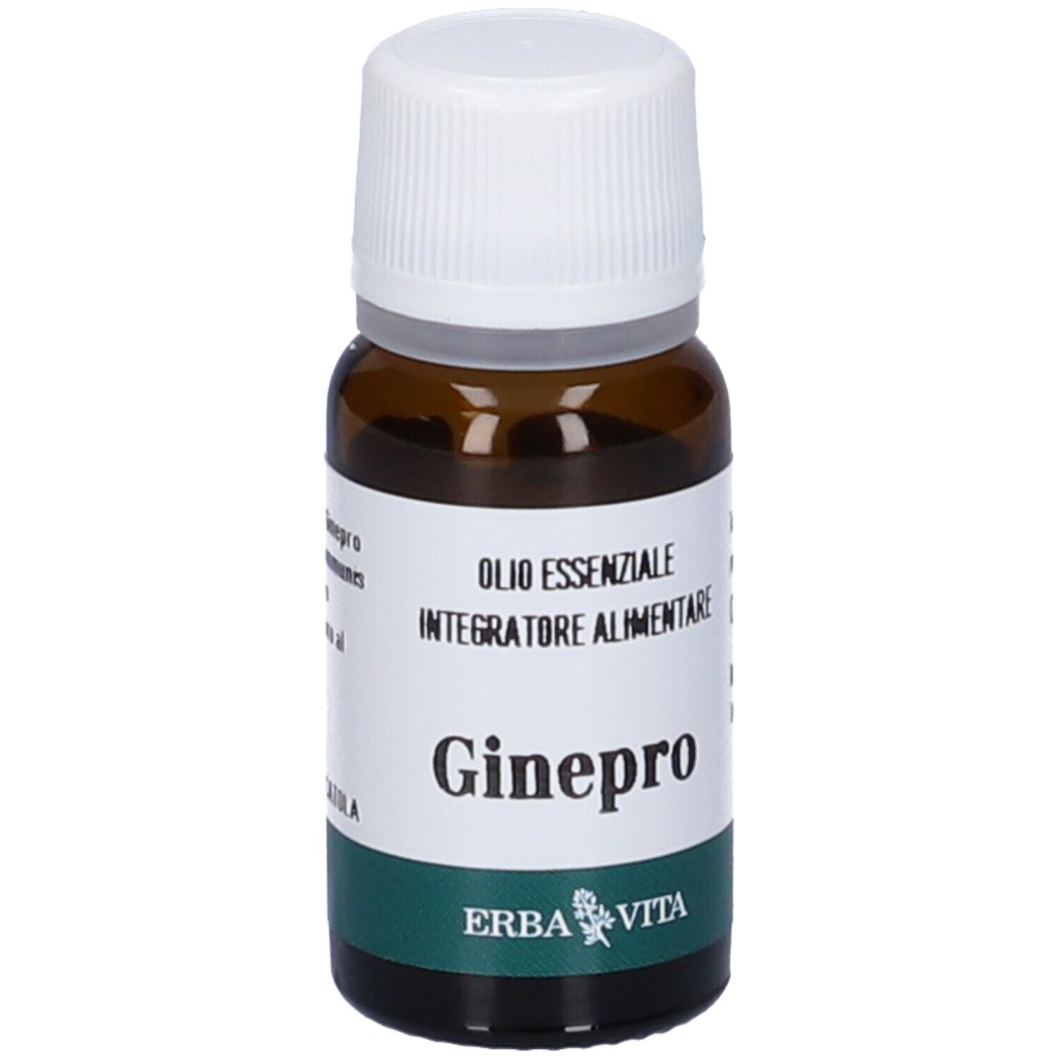 Flacone in vetro ambrato con tappo a vite bianco. Etichetta con "Ginepro", "Olio Essenziale", "Integratore Alimentare" e "Erba Vita".