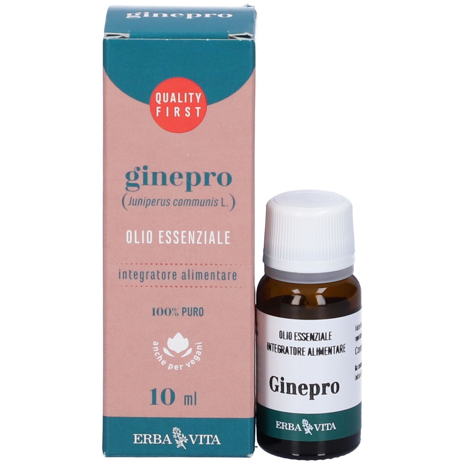 Olio essenziale Ginepro, flacone e confezione da 10 ml. Marca Erba Vita.