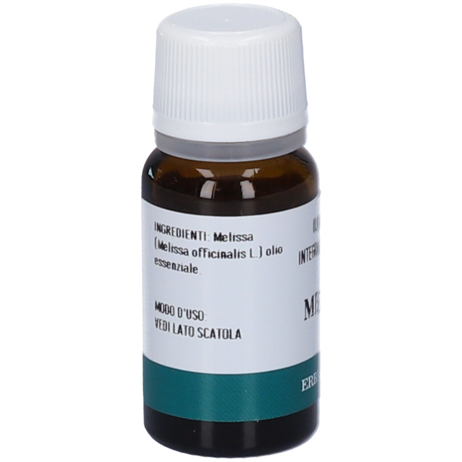 Flacone in vetro marrone con tappo bianco. Scritta: Melissa, Olio Essenziale, Integratore Alimentare. Marchio: Erba Vita. Testo.