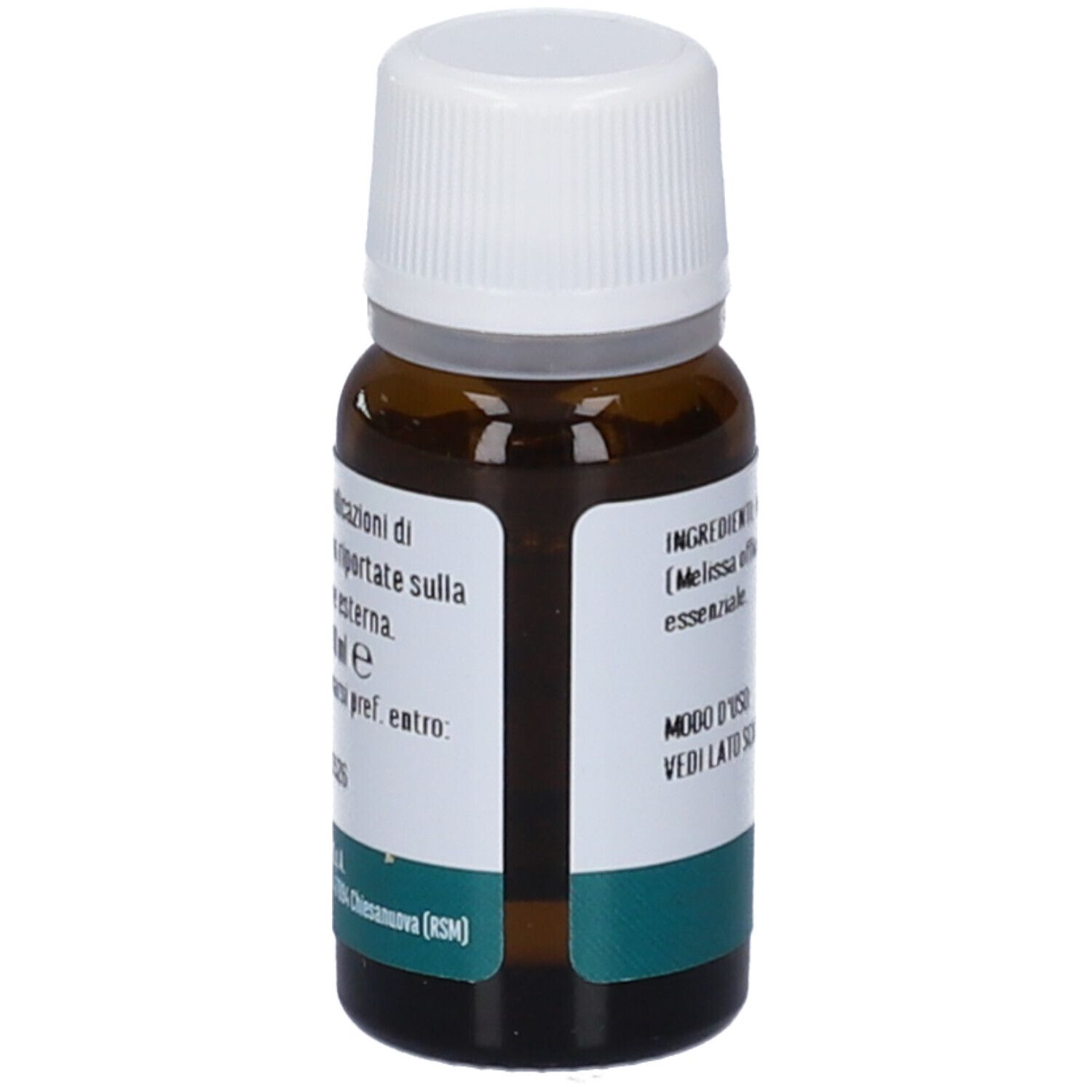 Flacone in vetro marrone con tappo bianco. Scritta: Melissa, Olio Essenziale, Integratore Alimentare. Marchio: Erba Vita. Testo.