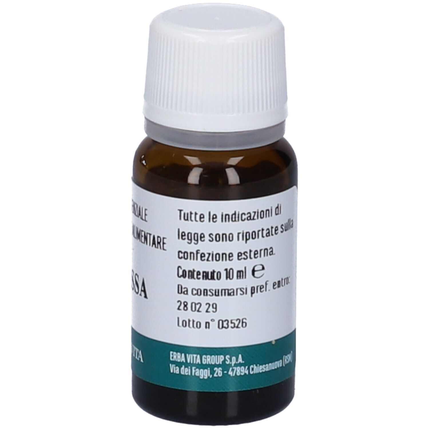 Flacone in vetro marrone con tappo bianco. Scritta: Melissa, Olio Essenziale, Integratore Alimentare. Marchio: Erba Vita. Testo.