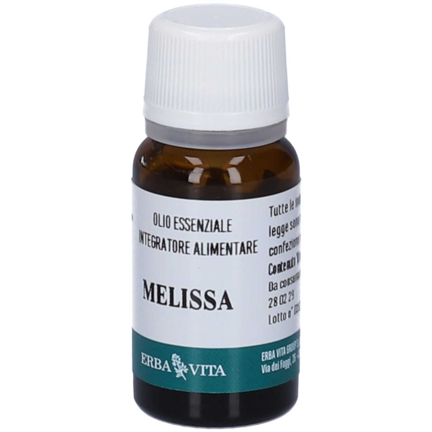Flacone in vetro marrone con tappo bianco. Scritta: Melissa, Olio Essenziale, Integratore Alimentare. Marchio: Erba Vita. Testo.