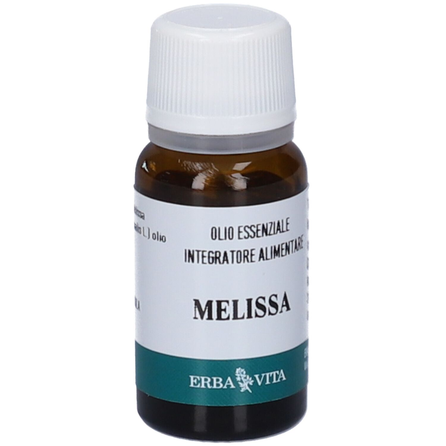 Flacone in vetro marrone con tappo bianco. Scritta: Melissa, Olio Essenziale, Integratore Alimentare. Marchio: Erba Vita.