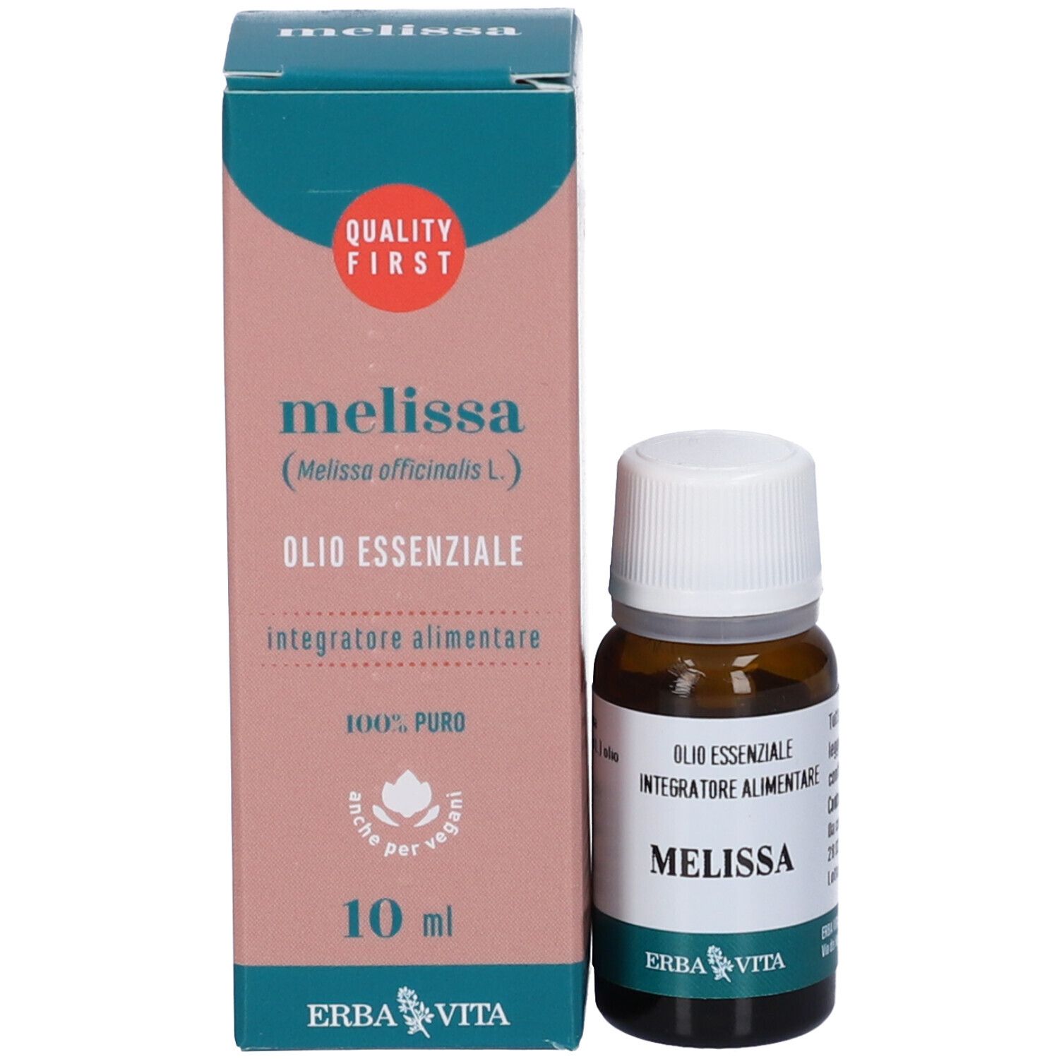 Confezione del prodotto con flacone. Scritta: Melissa, Olio Essenziale, Integratore Alimentare. Marchio: Erba Vita. 10 ml.