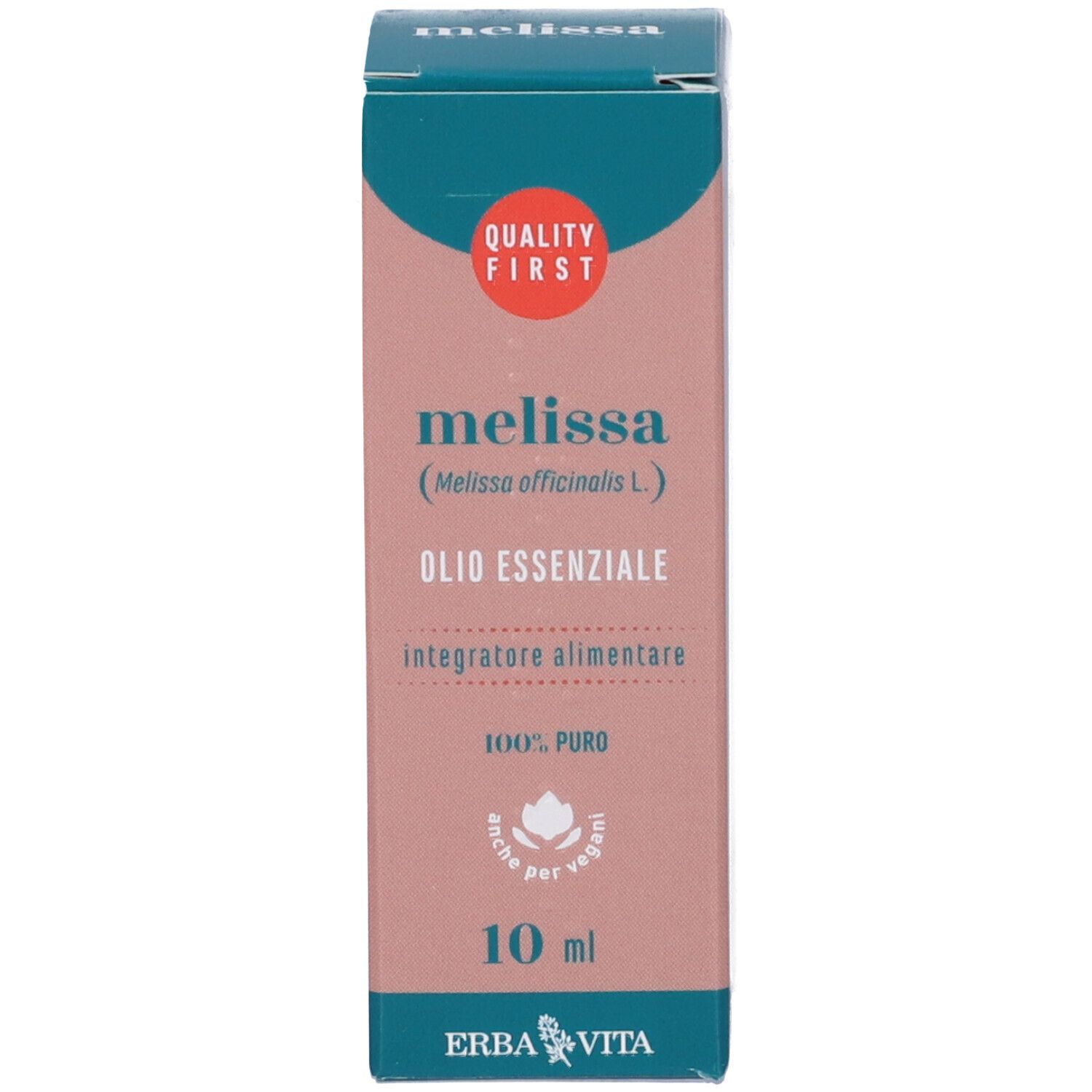 Confezione del prodotto. Scritta: Melissa, Olio Essenziale, Integratore Alimentare. Marchio: Erba Vita. 10 ml.