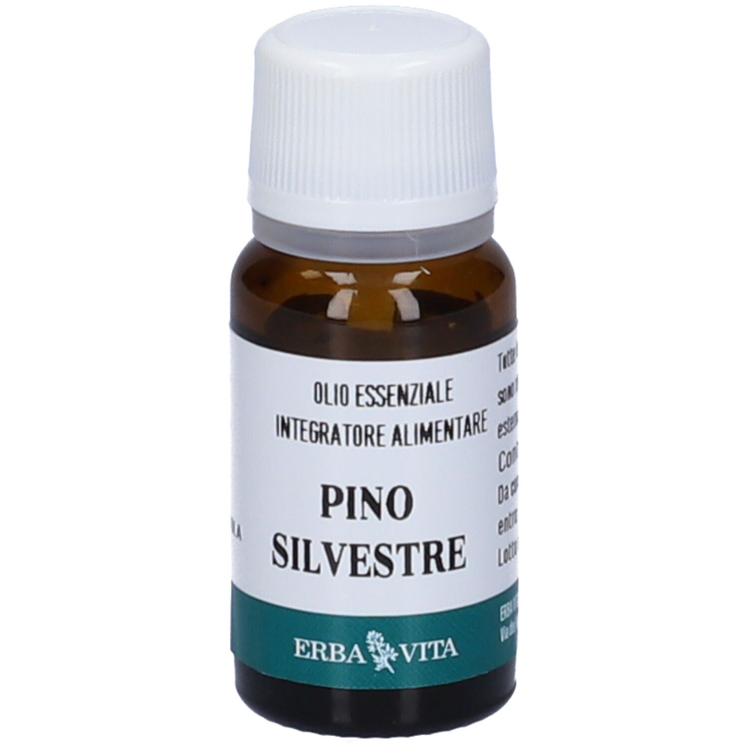 Flacone in vetro marrone con tappo bianco. Etichetta con nome prodotto e logo Erba Vita.
