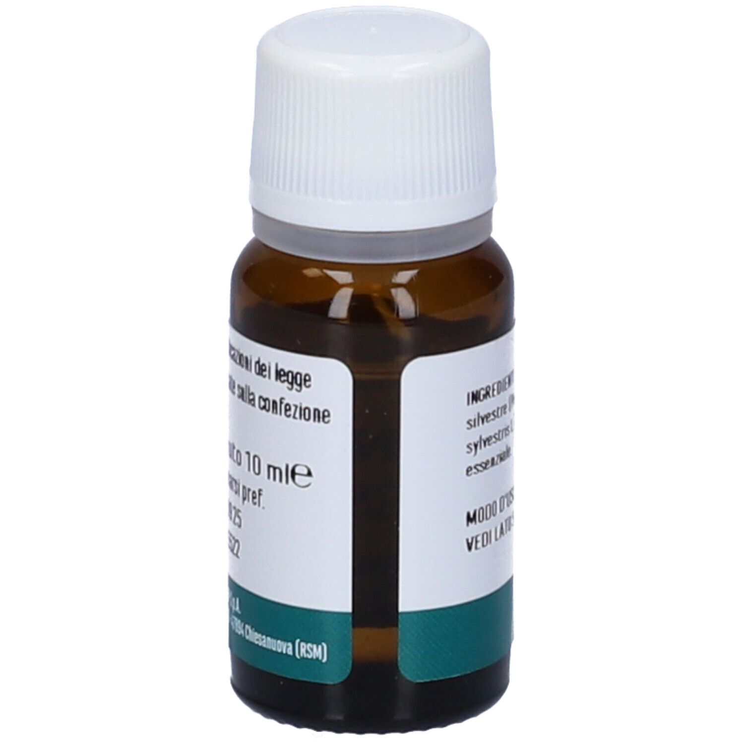 Flacone in vetro marrone con tappo bianco. Etichetta con informazioni e contenuto 10 ml.