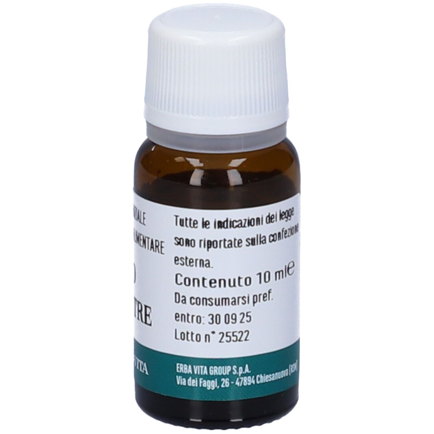 Flacone in vetro marrone con tappo bianco. Etichetta con informazioni, contenuto 10 ml.