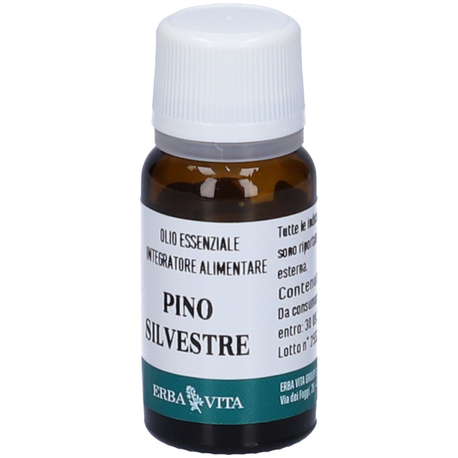 Flacone in vetro marrone con tappo bianco. Etichetta con nome prodotto e logo Erba Vita.