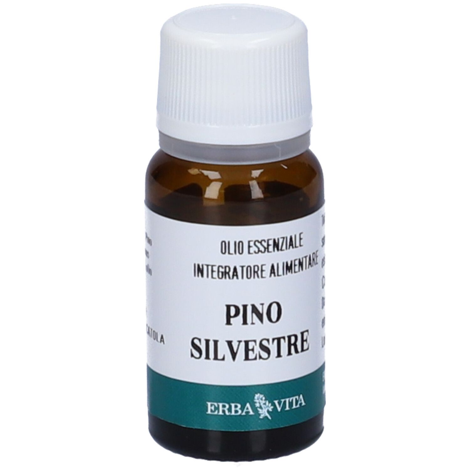 Flacone in vetro marrone con tappo bianco. Etichetta con nome prodotto e logo Erba Vita.