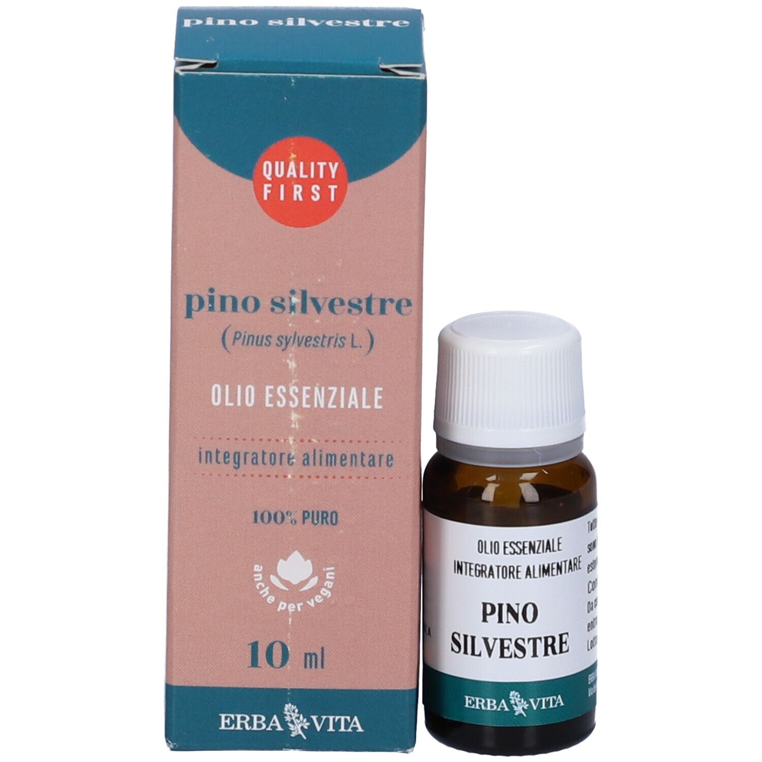 Prodotto e confezione. Flacone marrone con tappo bianco e scatola. Nome prodotto e logo.