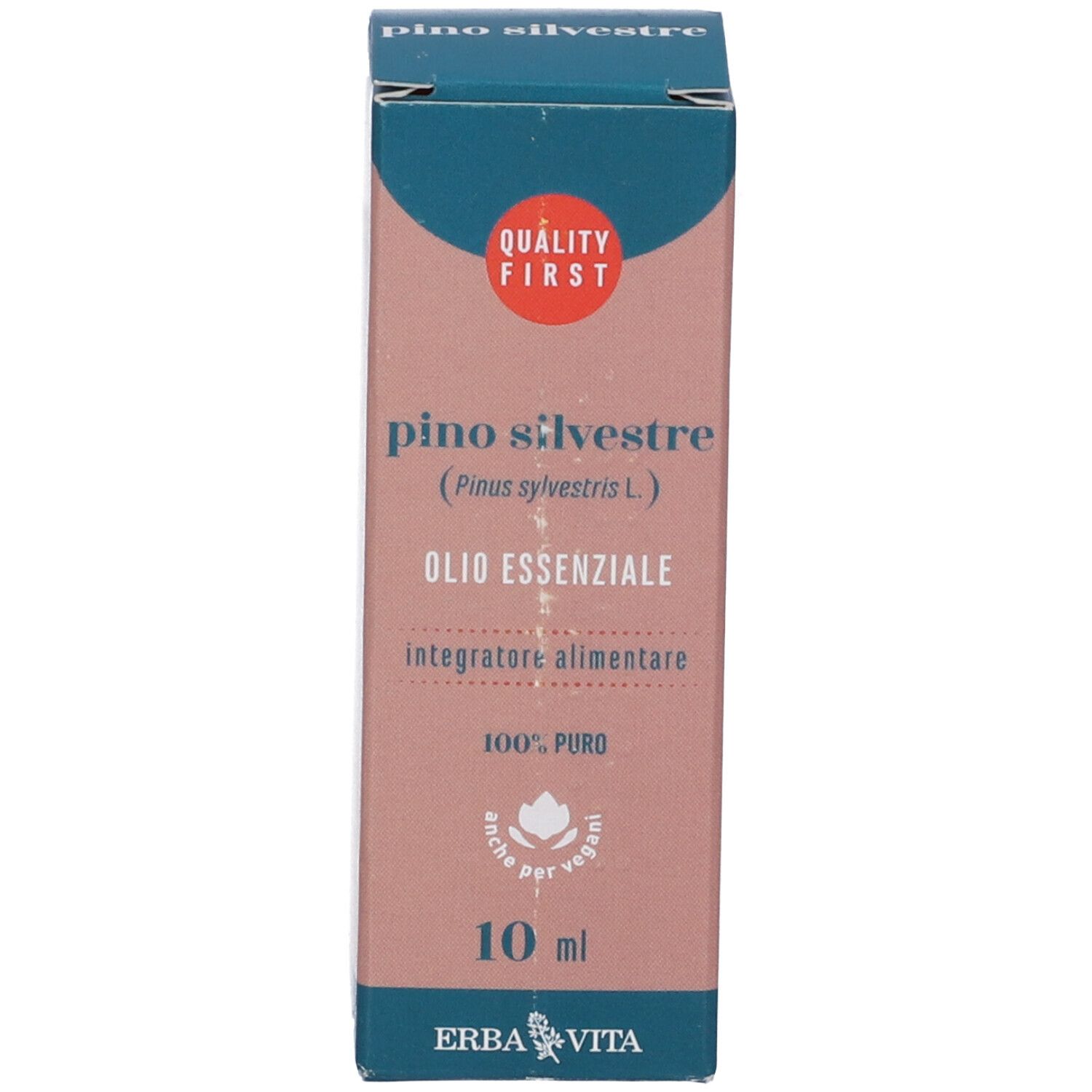 Confezione Erba Vita Olio Essenziale Di Pino Silvestre. Scatola rosa con nome prodotto e logo.