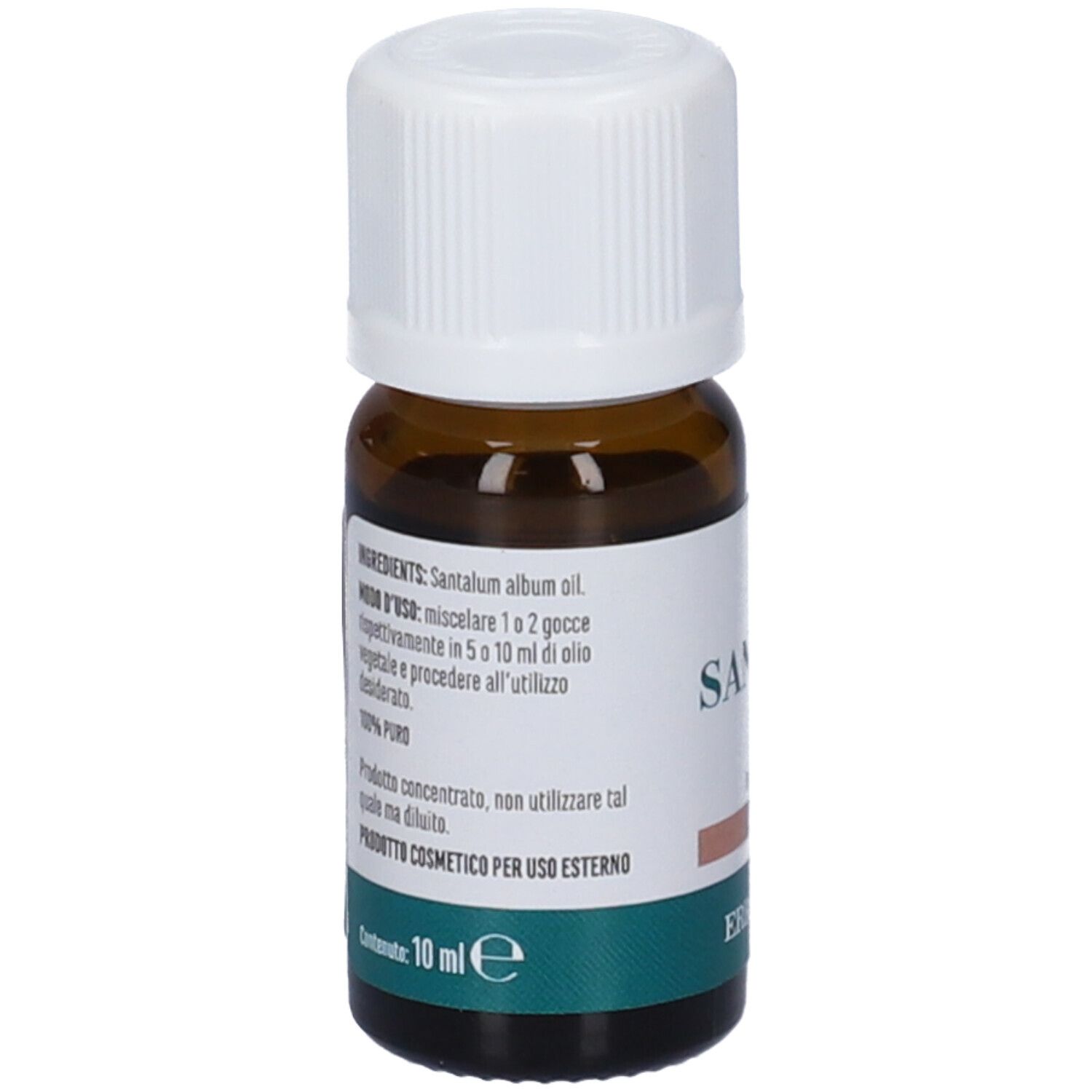 Flacone di vetro marrone con tappo bianco. Etichetta con ingredienti, istruzioni e "10 ml".