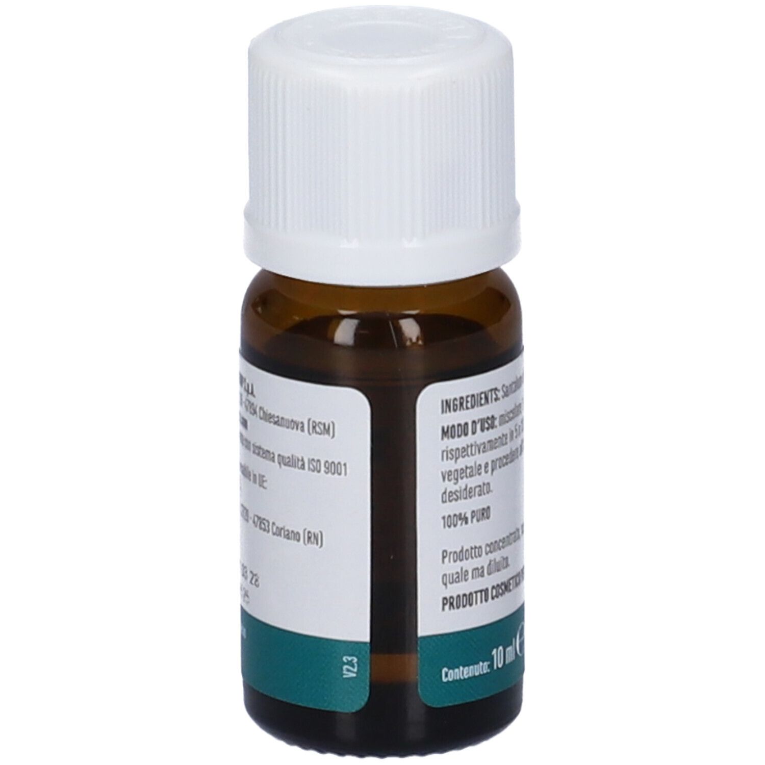 Flacone di vetro marrone con tappo bianco. Etichetta con informazioni produttore e "10 ml".