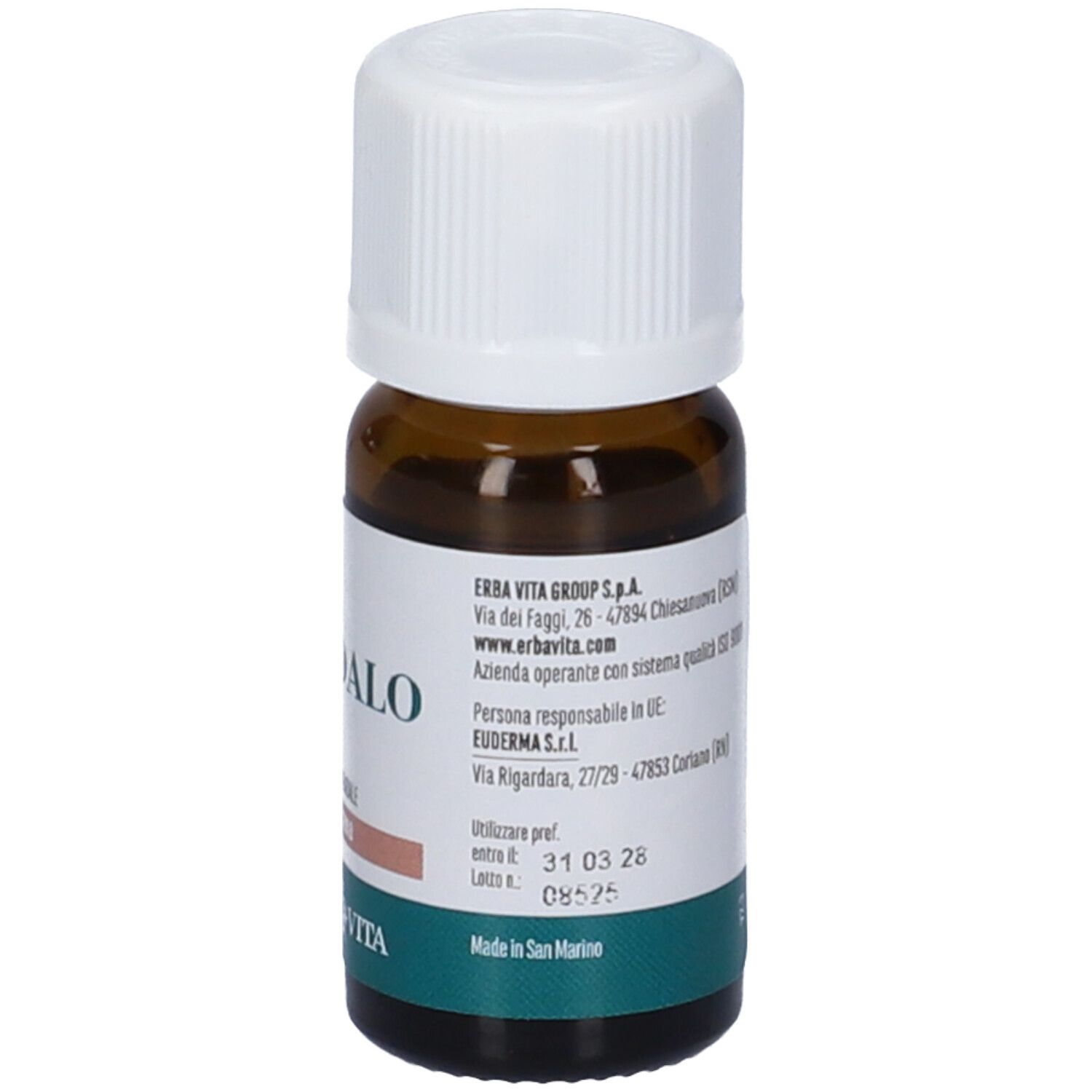 Flacone di vetro marrone con tappo bianco. Etichetta con indirizzo produttore e data di fabbricazione.