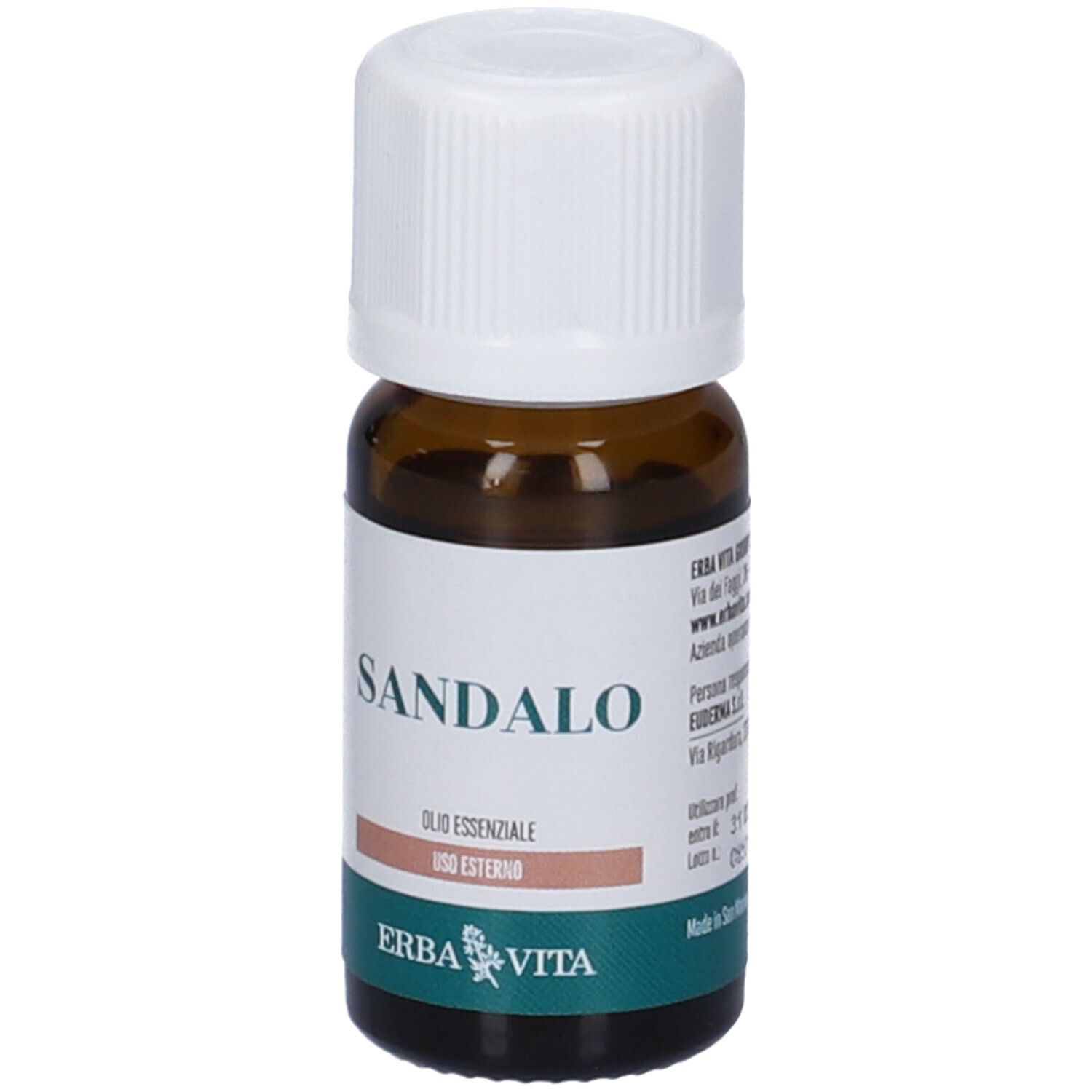 Flacone di vetro marrone con tappo bianco. Etichetta con "SANDALO", "USO ESTERNO" e logo "ERBA VITA".